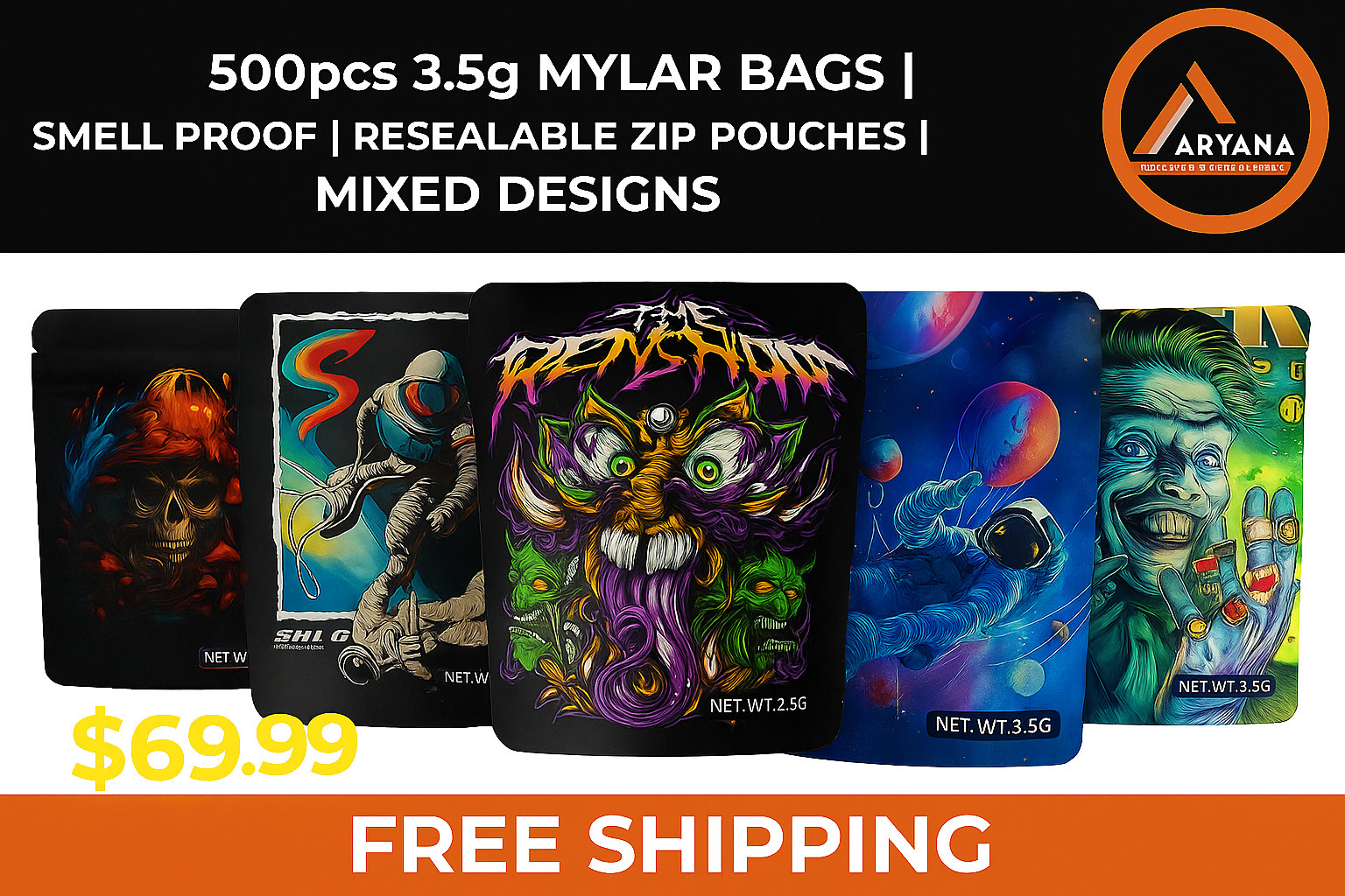 Mixed Design Storage Bags, Resealable, Graphic Print, 3.5g, 500 Count- Free Ship