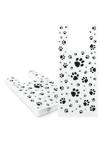 Paw Print Shopping Bags T-Shirt Handles 100 Pack White 8x5x16 Pet Store