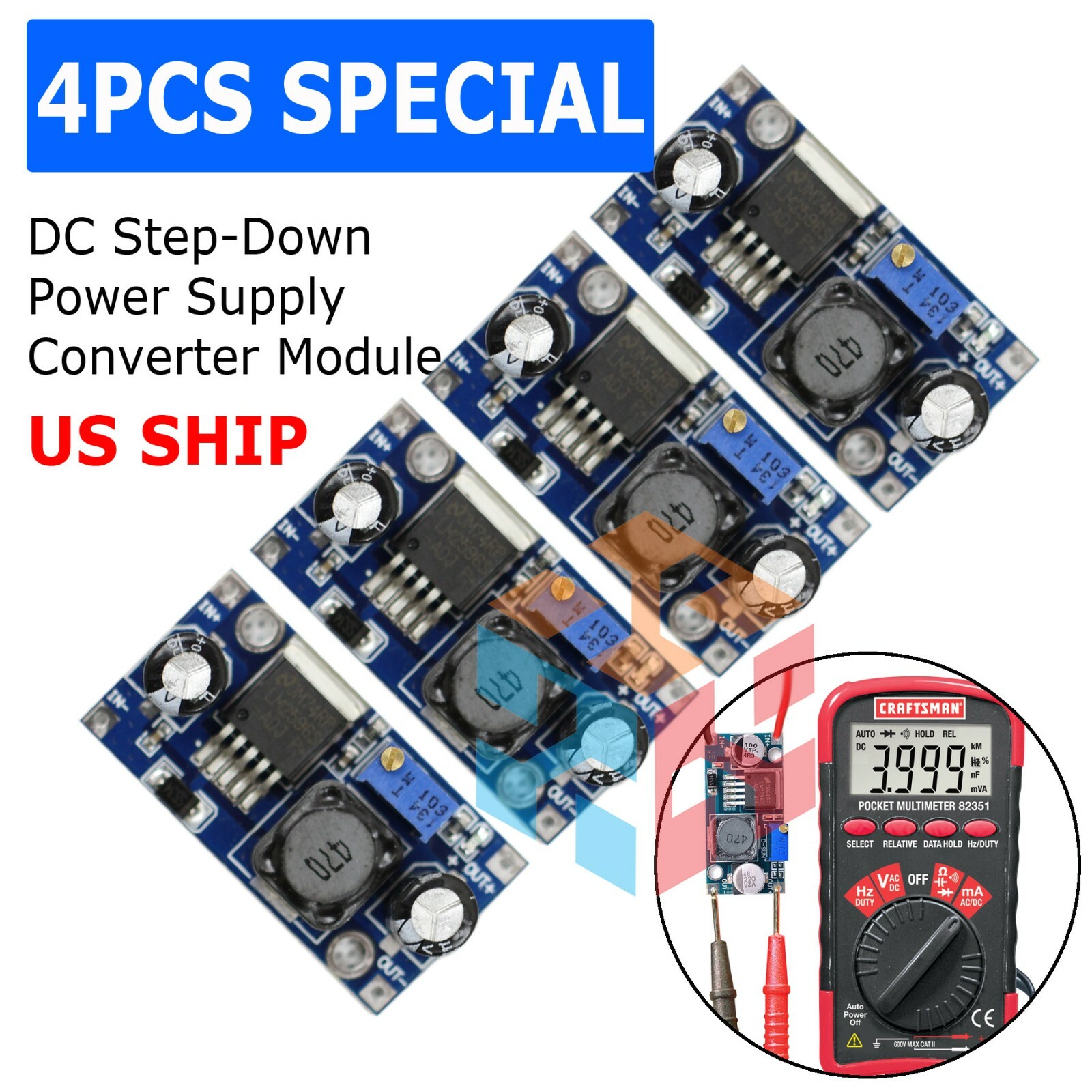 4X LM2596S 3A DC Buck Step-down Adjustable Voltage Power Converter Voltmeter