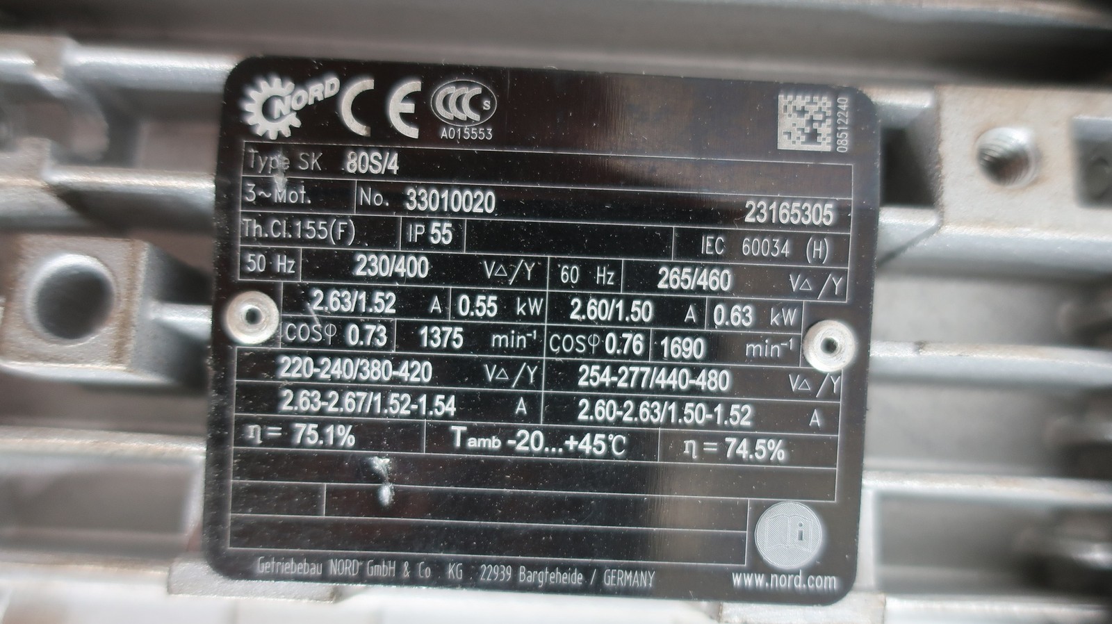 Nord SK1SI40V-IEC80-80S/4 Gearmotor 275rpm 0.63kw 230/460v-ac 3ph