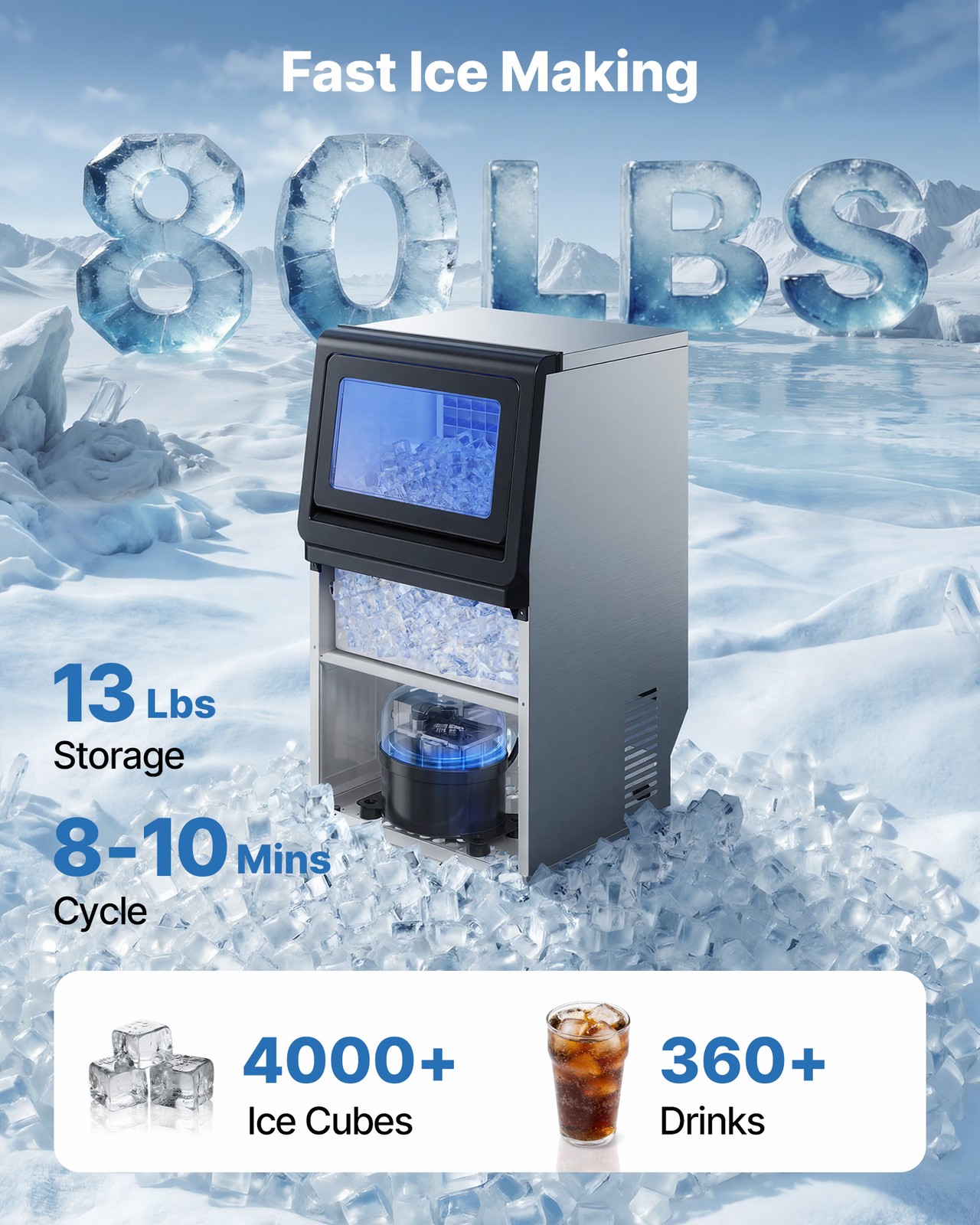 VEVOR Commercial Ice Maker 80 lbs/24h Ice Machine 13 lbs Storage Bar Restaurant