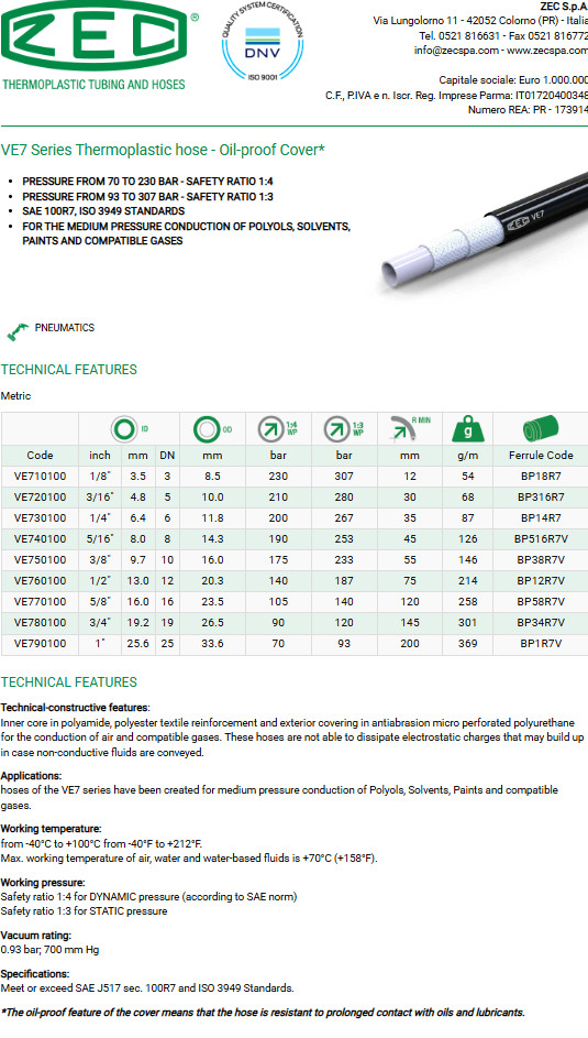 ** NEW** VE7 Series Thermoplastic hose – Oil-proof Cover ( P/N: VE760100 )