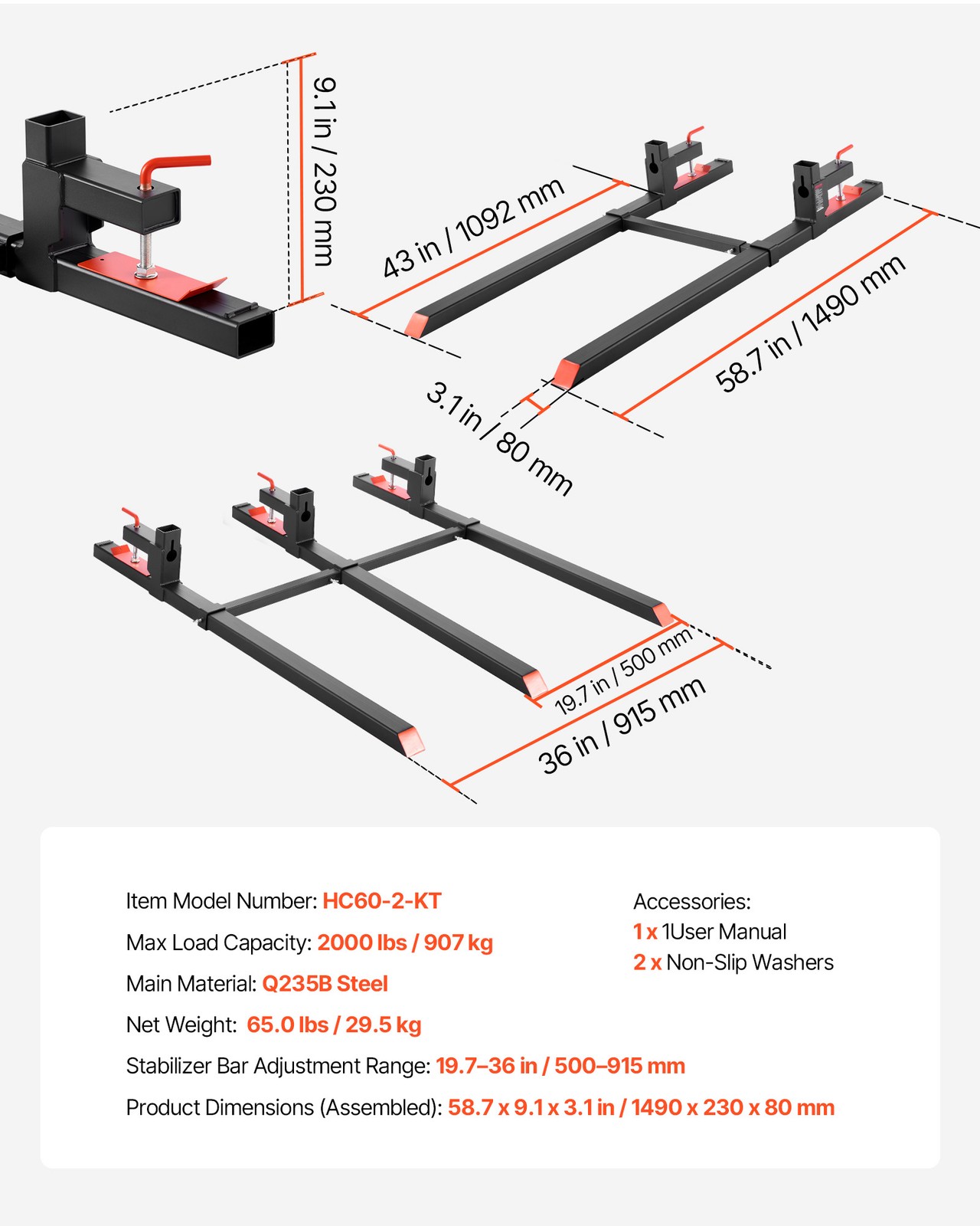 VEVOR 60″ 2000 lbs Pallet Fork Clamp on Tractor Forks with Stabilizer Bar