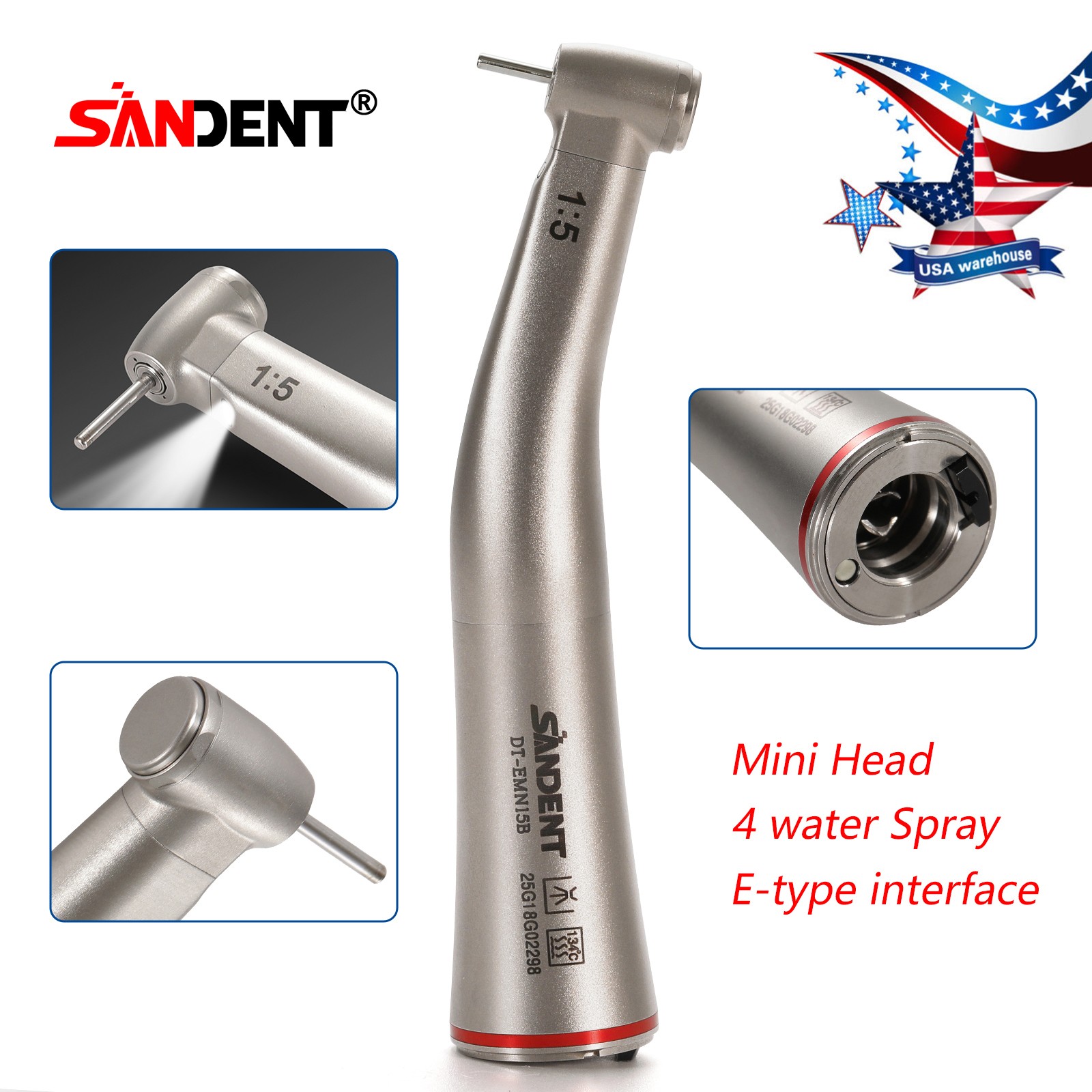 DT Dental 1:5 Mini Head Fiber Optic Contra Angle Handpiece LED Stainless Steel
