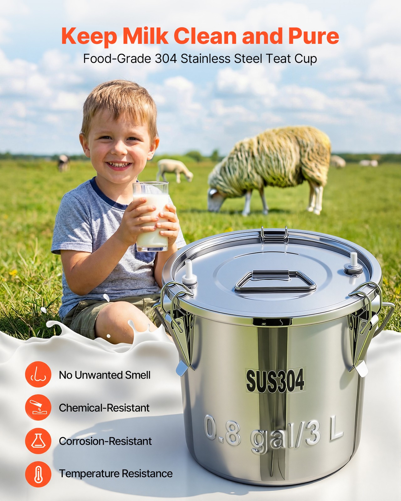 VEVOR Goat Milking Machine Goat Milker 0.8 Gal / 3 L Bucket Battery for Goats