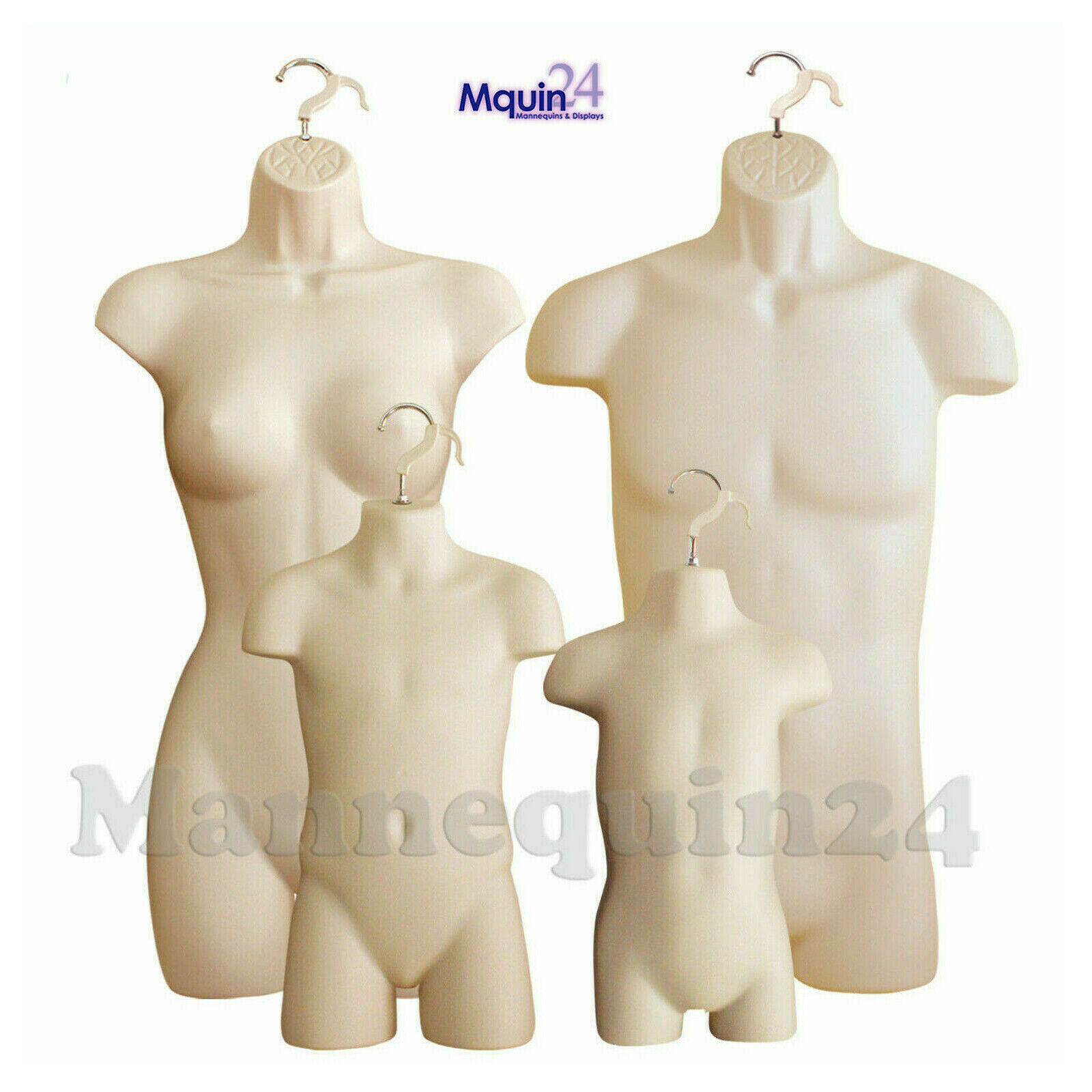 4 MANNEQUINS : FLESH MALE FEMALE CHILD & TODDLER TORSO HANGING DRESS FORMS