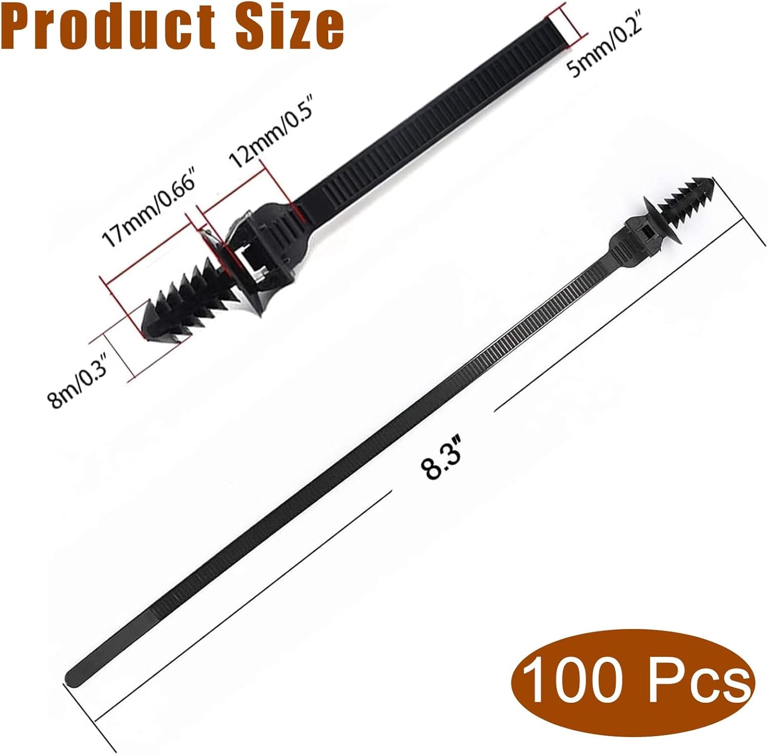 Push Mount Zip Ties, 8 inch Cable Tie Black 8.3×0.2inch (100Pcs),