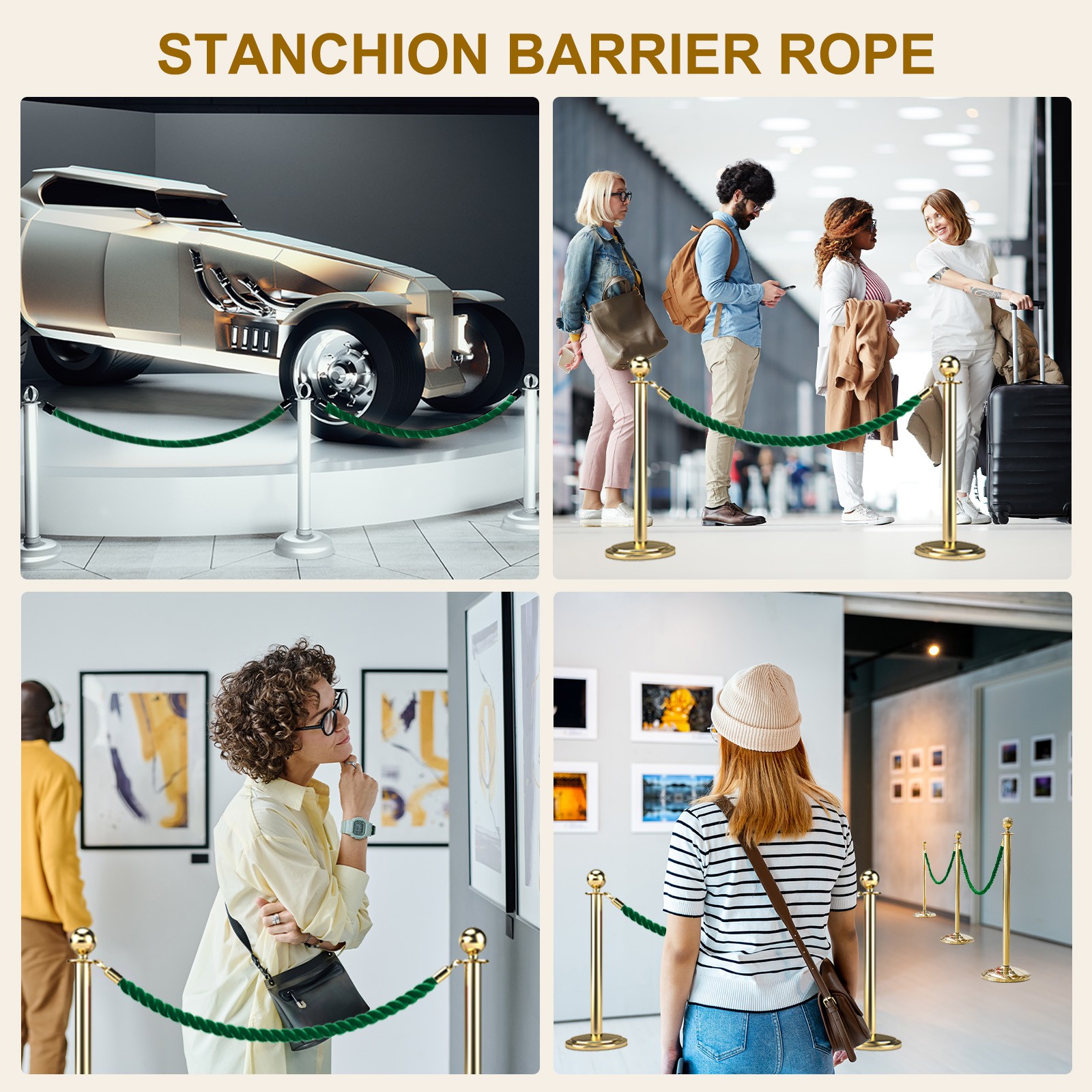 6.6 Ft/2 m Twisted Stanchion Rope Barrier Rope with Hooks Green Golden