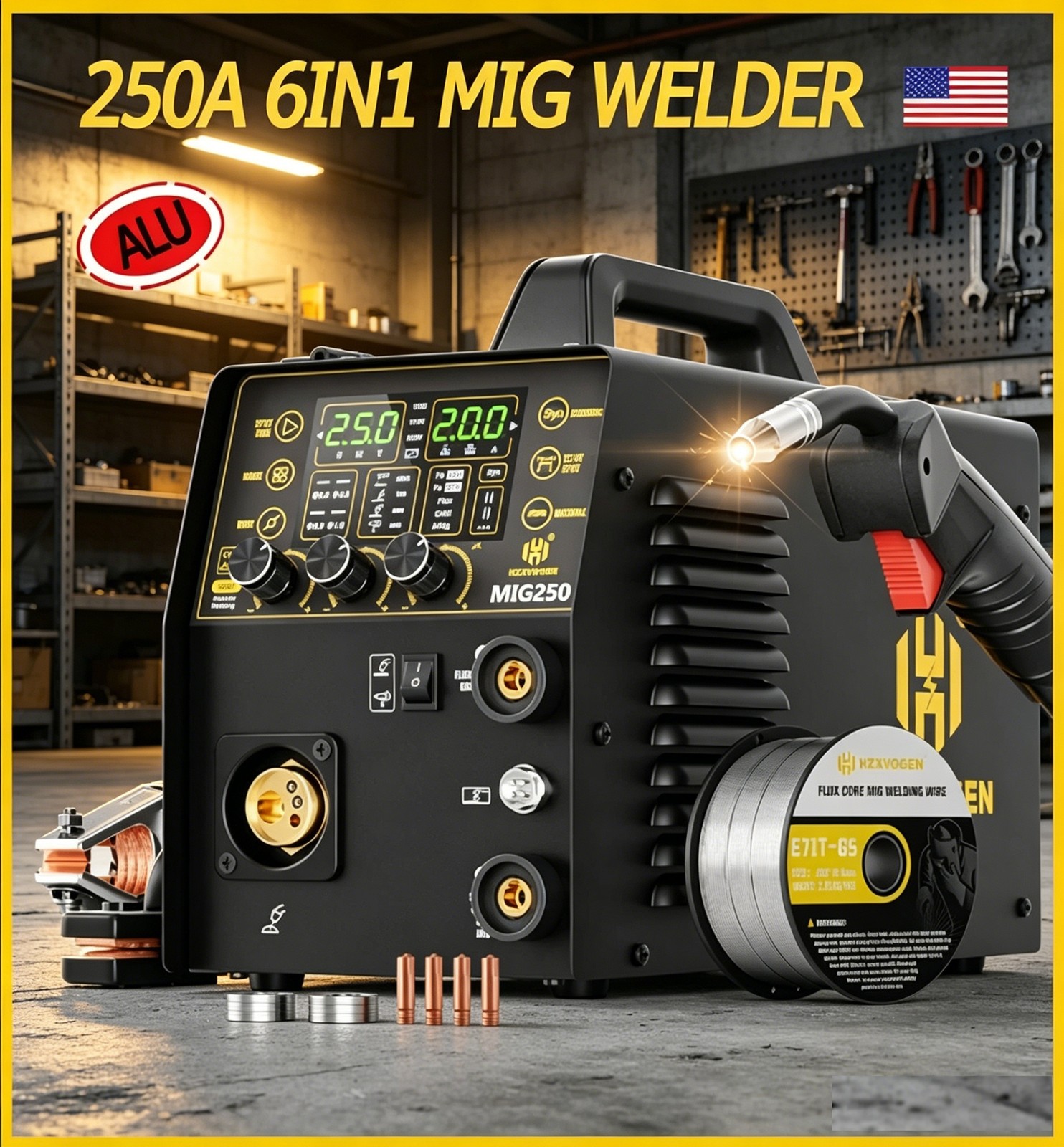 6in1 Gasless MIG Welder Spot/Lift TIG/Stick/Gas MIG 250A 110V/220V for Aluminum