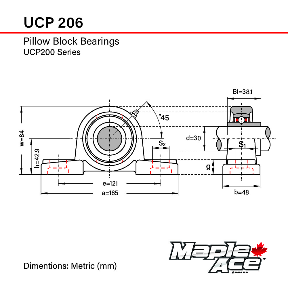UCP206 Pillow Block Bearing 30mm Bore, 2-Bolt, Self-Aligning, Solid Base (Qty 1)