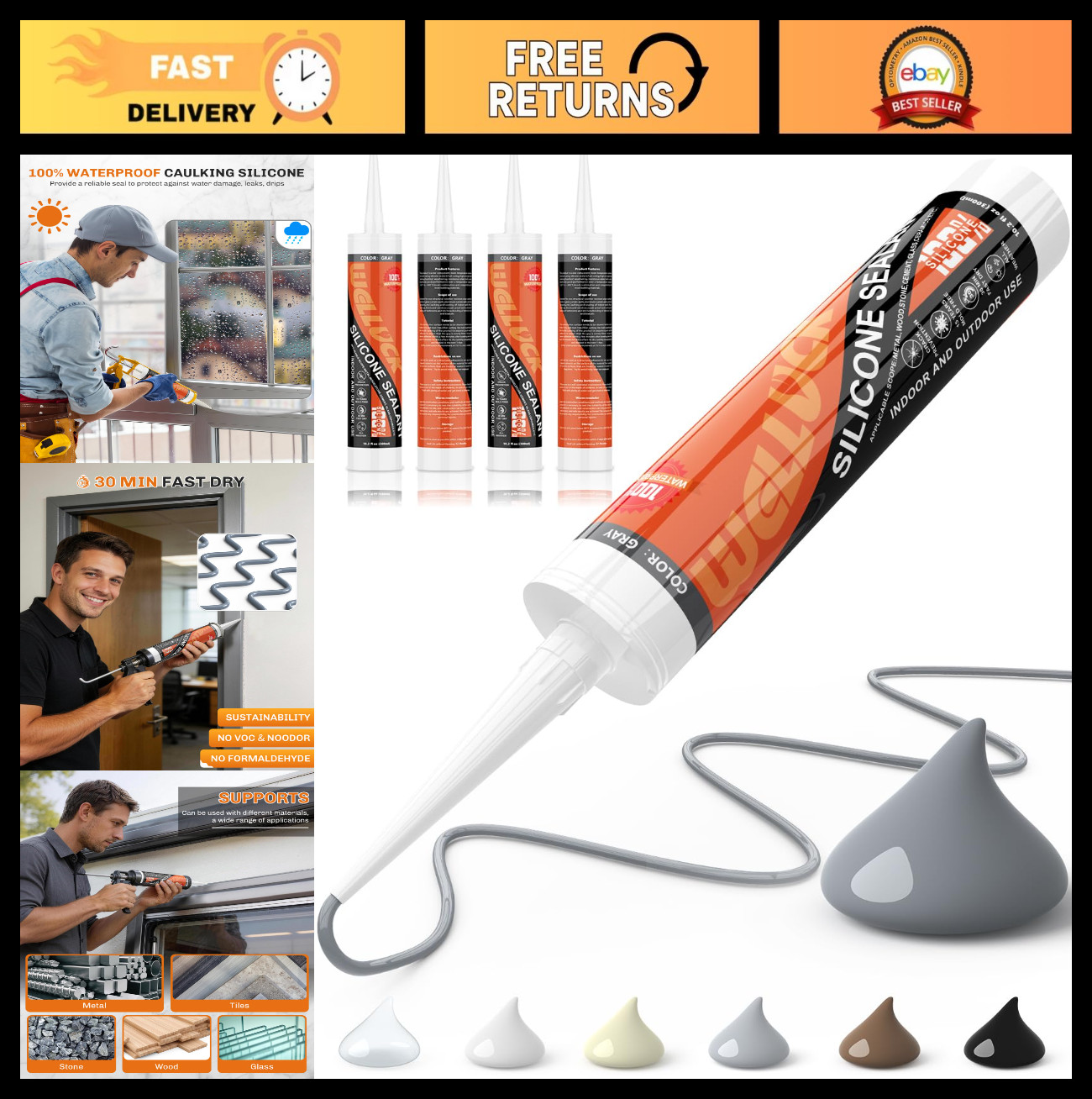 100% Waterproof Gray Silicone Caulk Sealant Adhesive for RV, Kitchen, Bathroom,