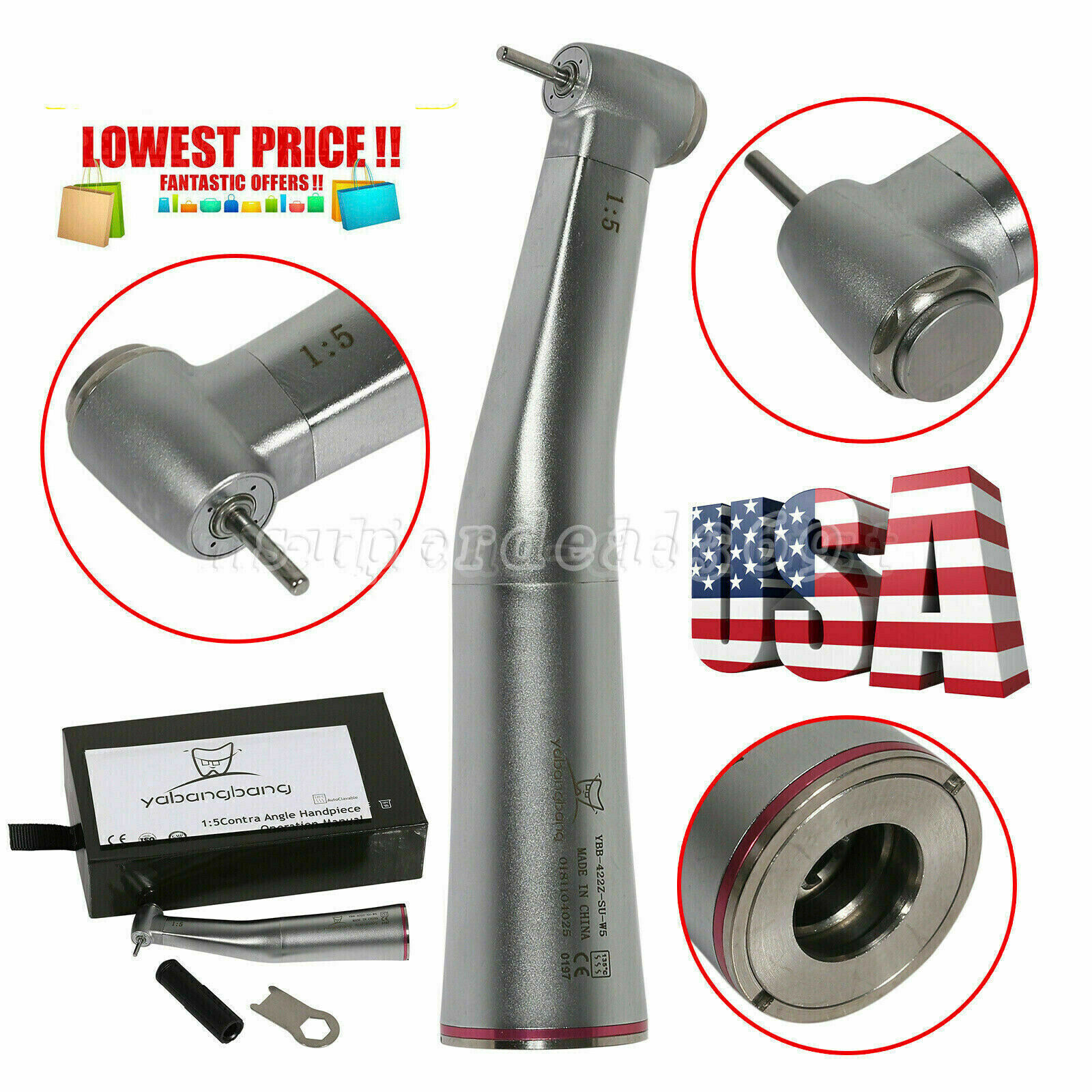 Dental 20:1/1:5/1:1 LED Fiber Optic /No-LED Contra Angle Handpiece For NSK SA