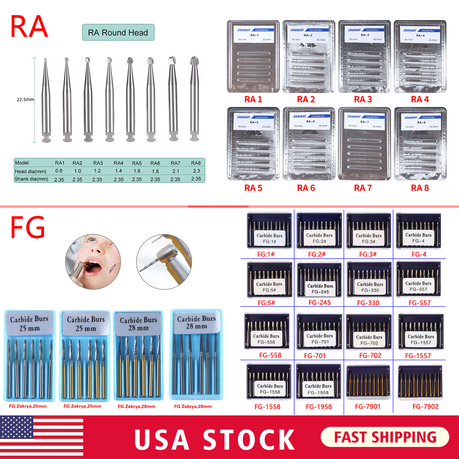 Dental Tungsten Carbide Bur FG RA CA HP Drills Burr For High/Low Speed Handpiece