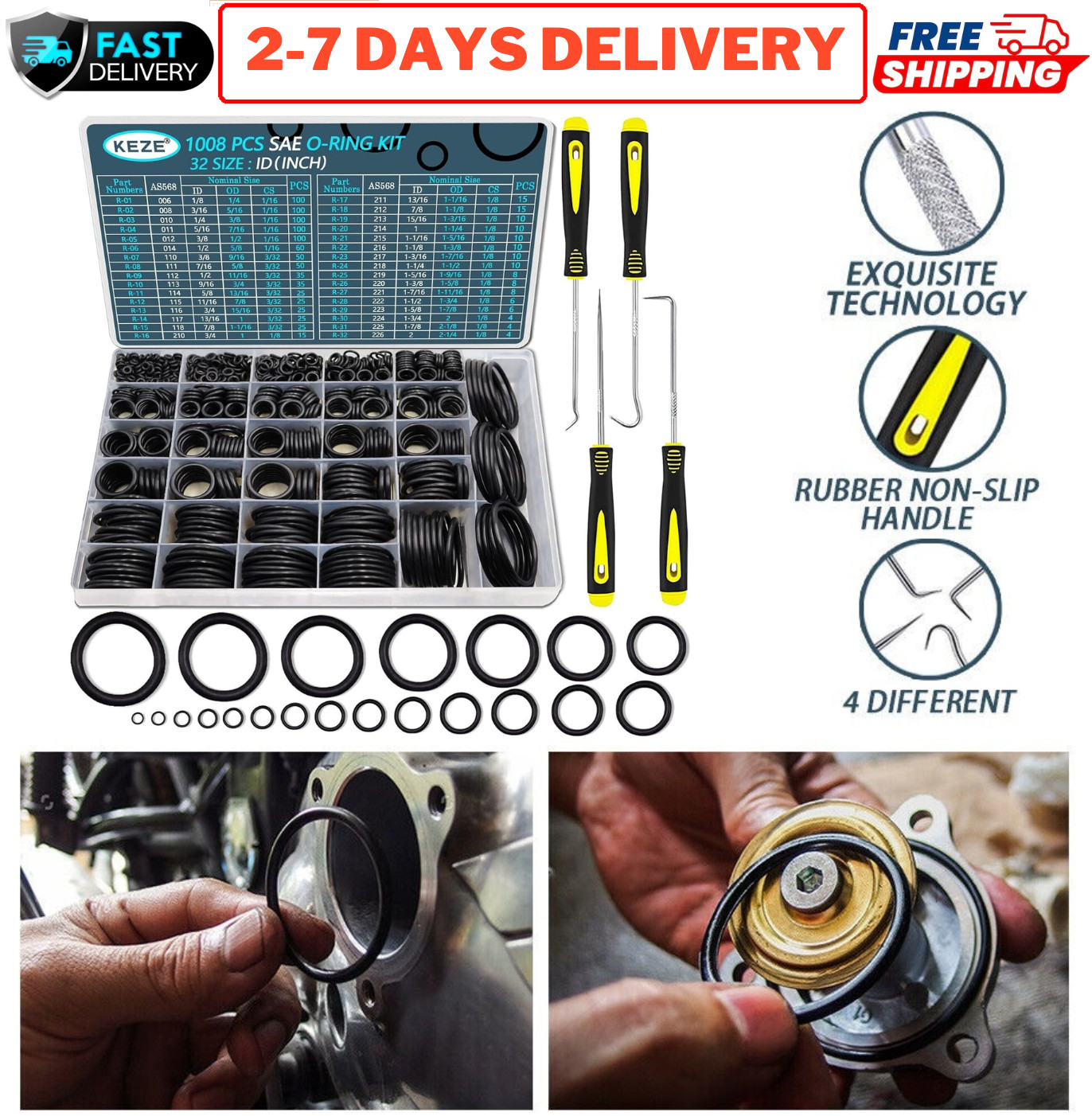 1008 PCS Universal O Ring Assortment Set SAE Oil Proof Kit 32Size O-Ring Case