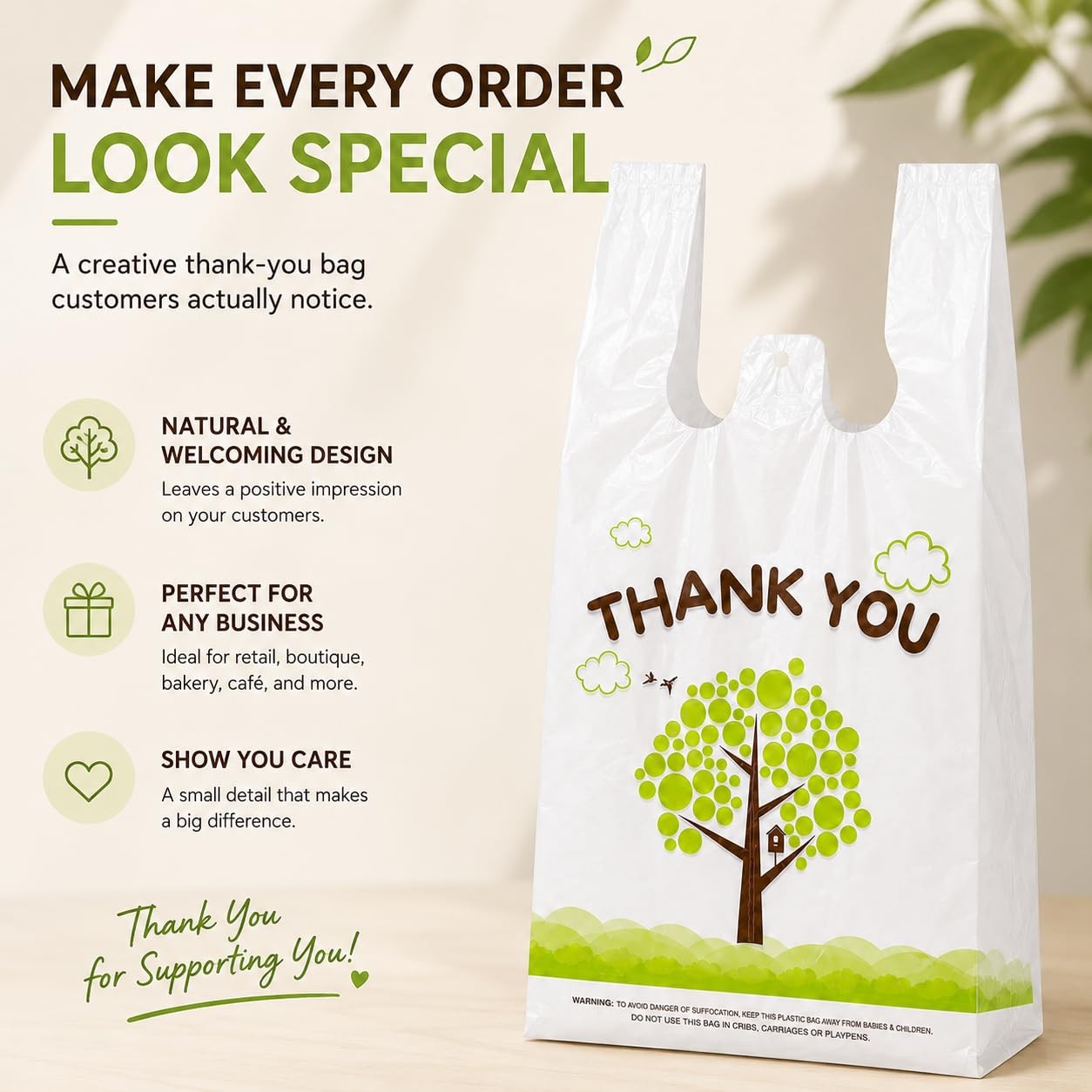 500 Count Plastic T-Shirt Bags, 11″ X 6″ X 21″, White-Green Tree, Grocery & Take