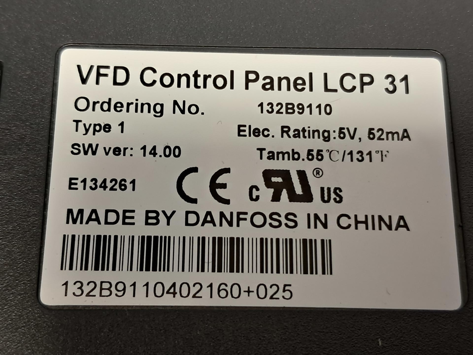 Danfoss Type 1 VFD Control Panel LCP 31 – 132B9110 – NEW