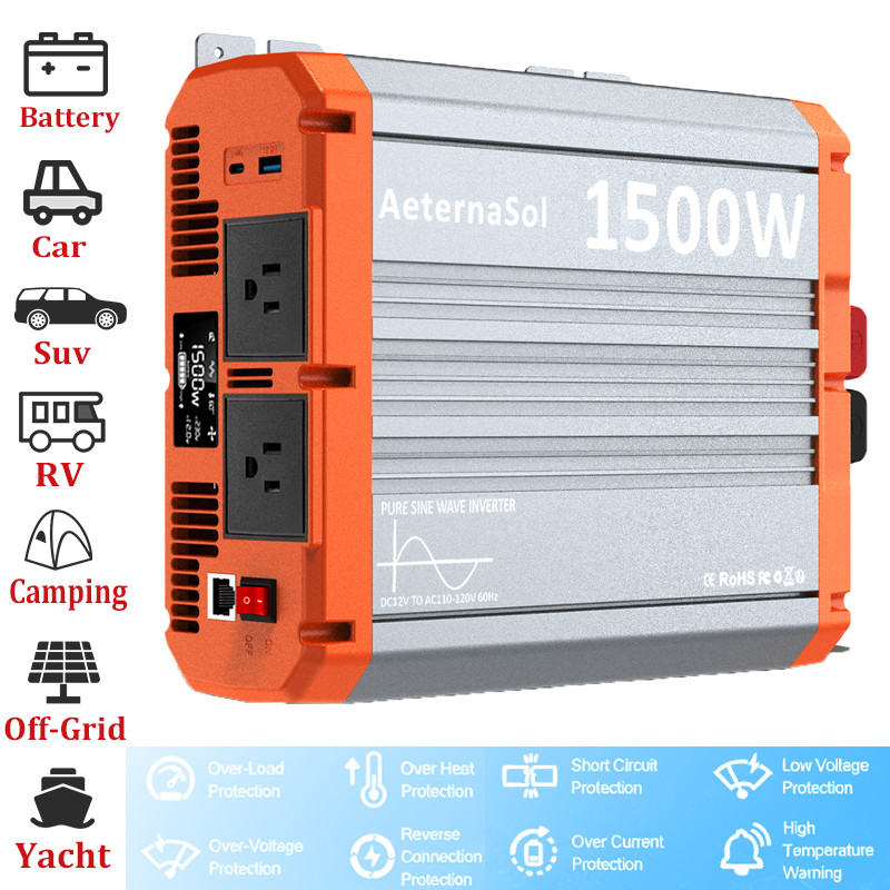 1500W Pure Sine Wave Power Inverter 12V to 110V 120V for LiFePO4 Lithium Battery