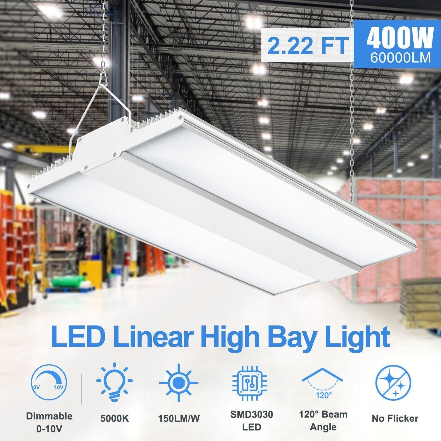 400W LED Linear High Bay Light 60,000LM Commercial Warehouse Shop Fixture 5000K