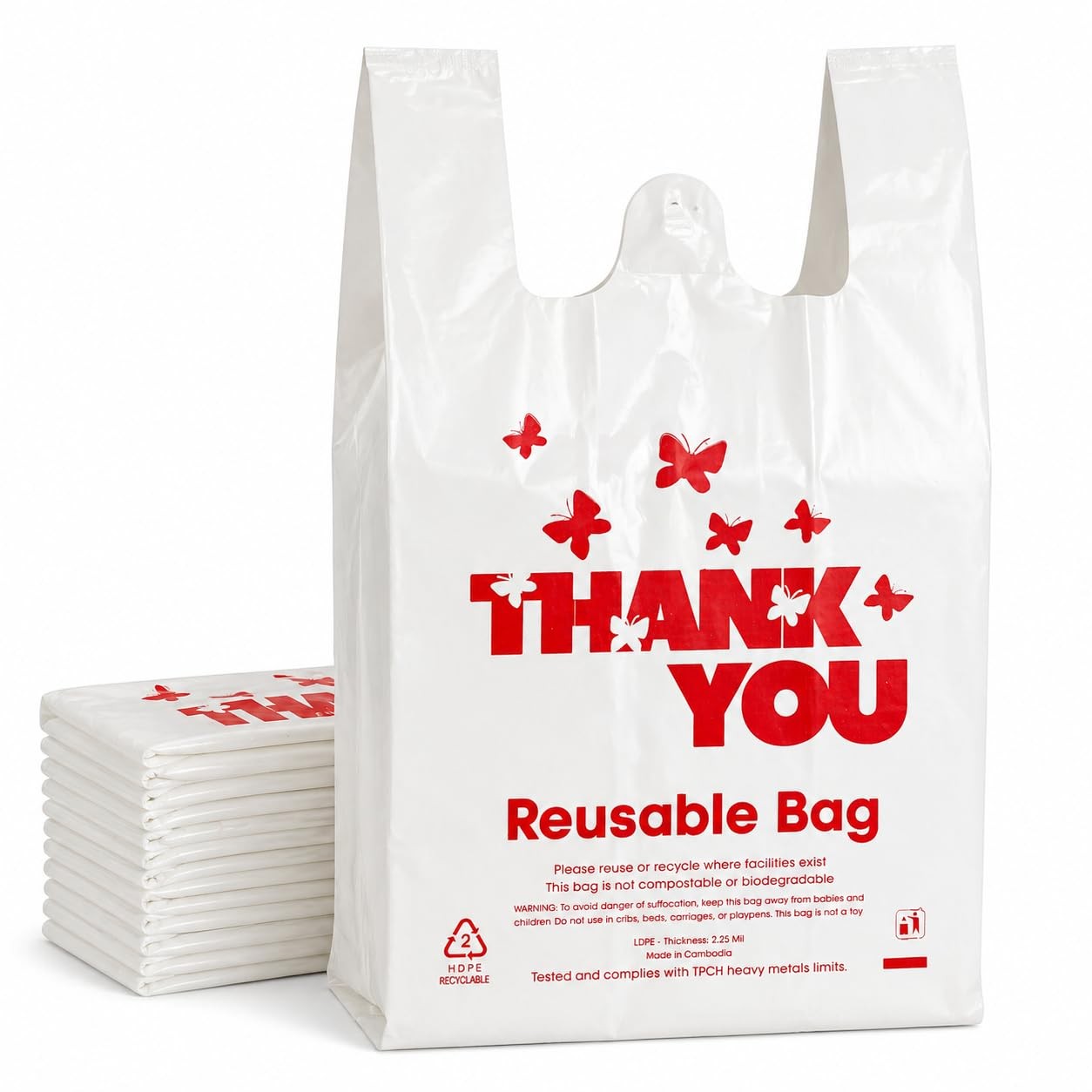 YoYoRain Reusable LDPE Shopping Bags with Handles 12x7x23, 2.25 Mil Thick, Wh…