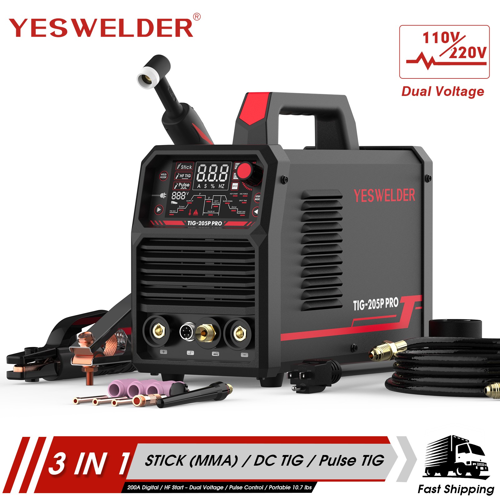 205A TIG Welder with Pulse,3 in 1 STICK/DC TIG/Pulse Large LED Display
