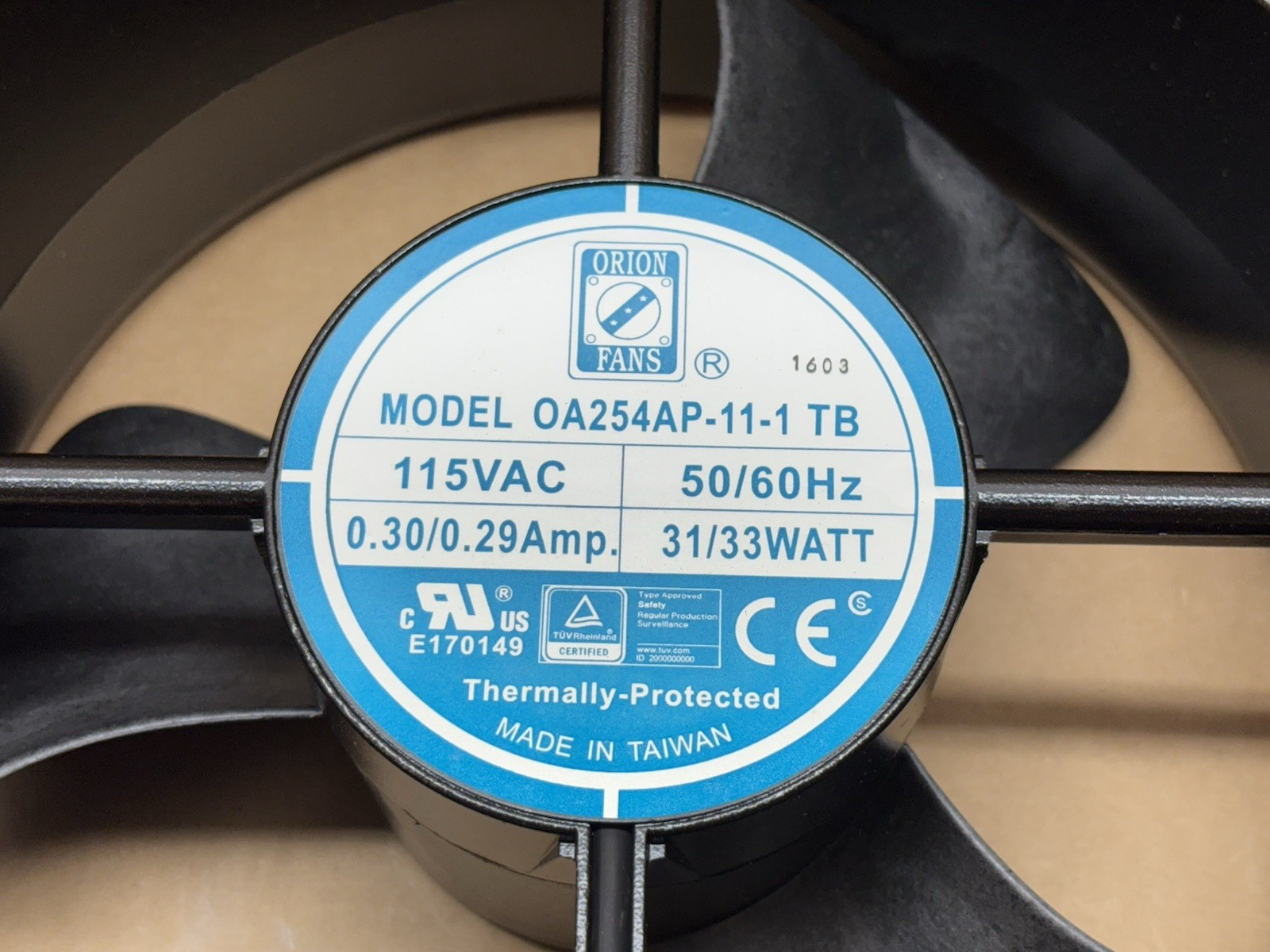 Orion Fans OA254AP-11-1TB NOS 254mm AC Axial Fan 115V Thermally Protected UL