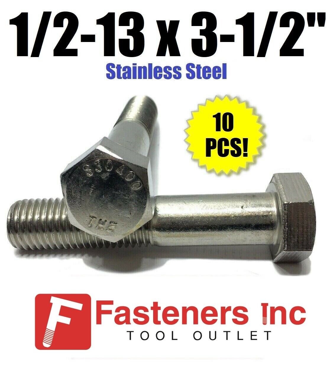 (Qty 10) 1/2-13 x 3-1/2″ Stainless Steel Hex Cap Screw / Bolt 18-8 / 304