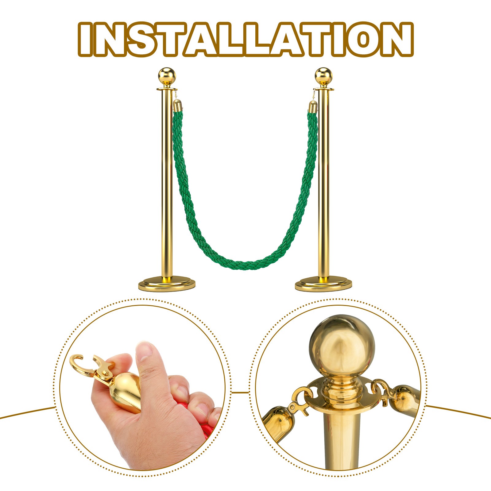 6.6 Ft/2 m Twisted Stanchion Rope Barrier Rope with Hooks Green Golden