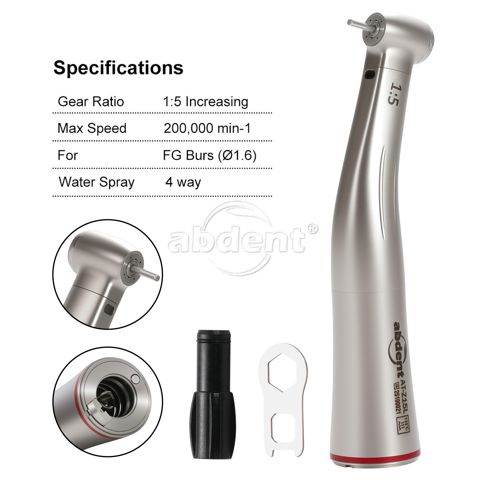 Abdent Dental 1:5 LED Fiber Optic Increasing Contra Angle Handpiece CE New