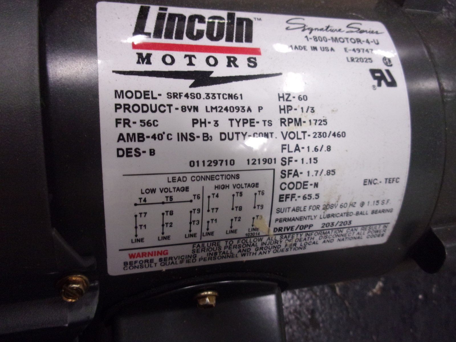 1/3 HP 1800 RPM 56C FR C LINCOLN 3 PHASE MOTOR NEW *LIQUIDATION*