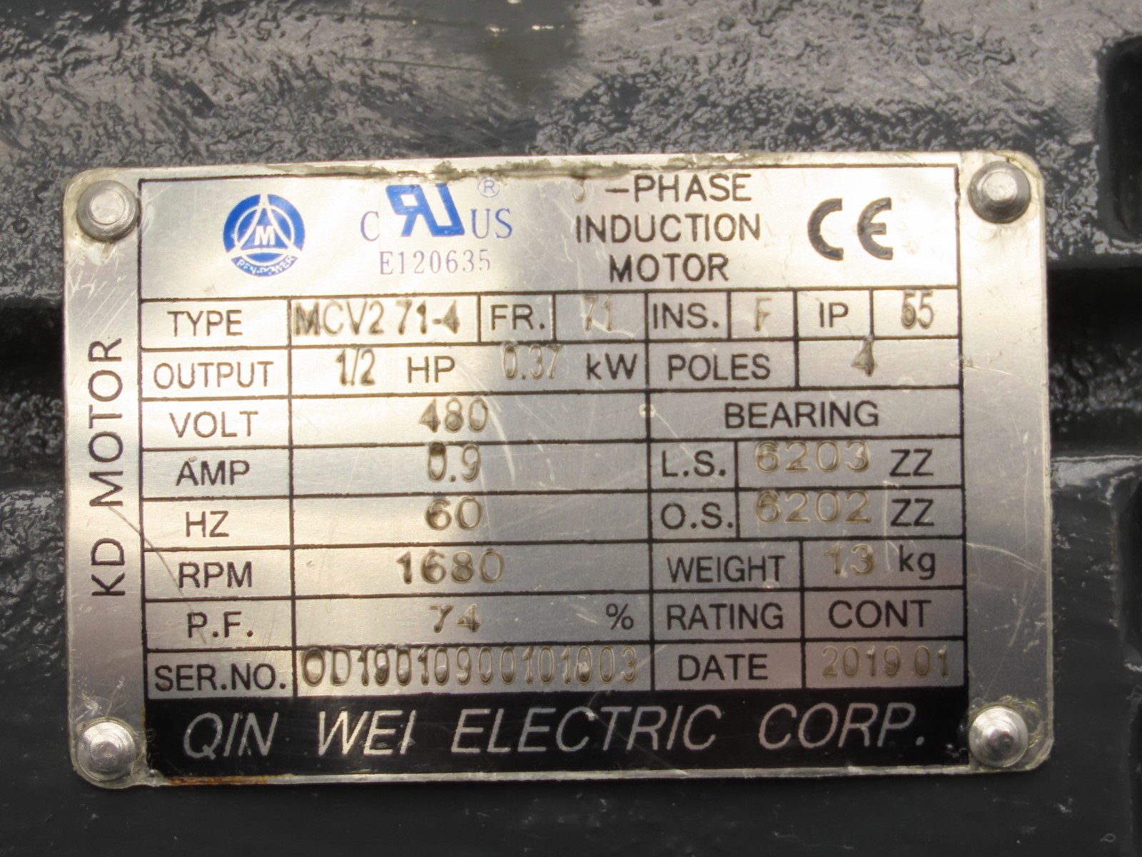 Qin Wei Electric MCV271-4 AC Motor 1/2Hp 1680rpm 480V 3PH IEC71