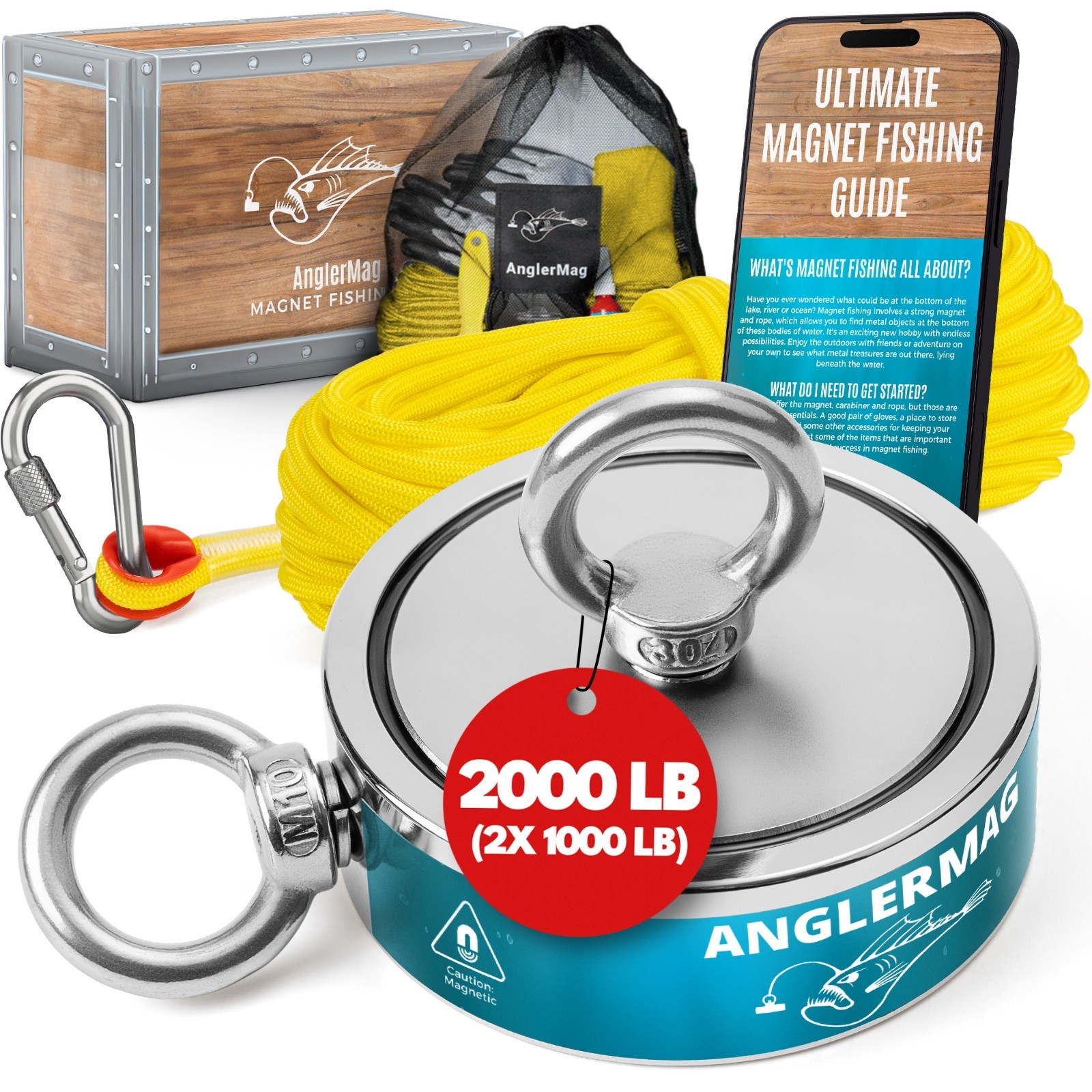 2000 LBS Magnet Fishing Kit AnglerMag Double Sided Magnetic Fishing Complete Kit