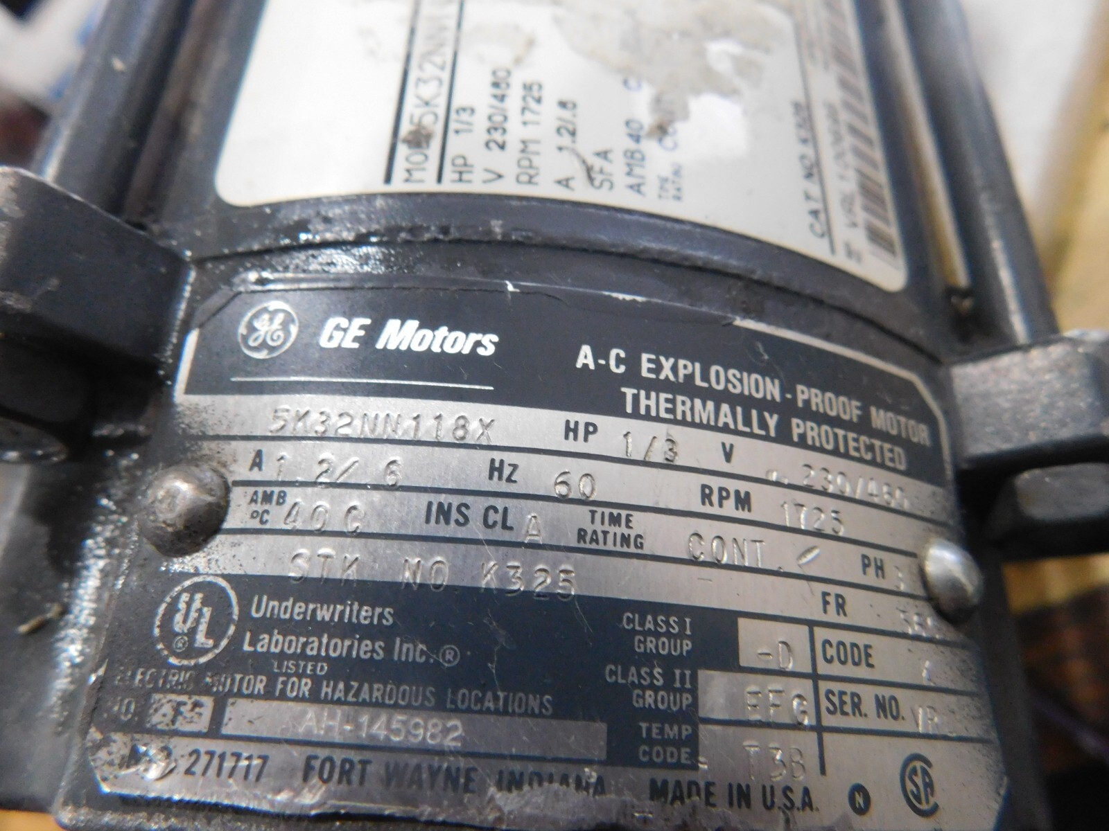 GE Motors Model: 5K32NN118X A-C Explosion-Proof Motor with Coupling. Good Spare
