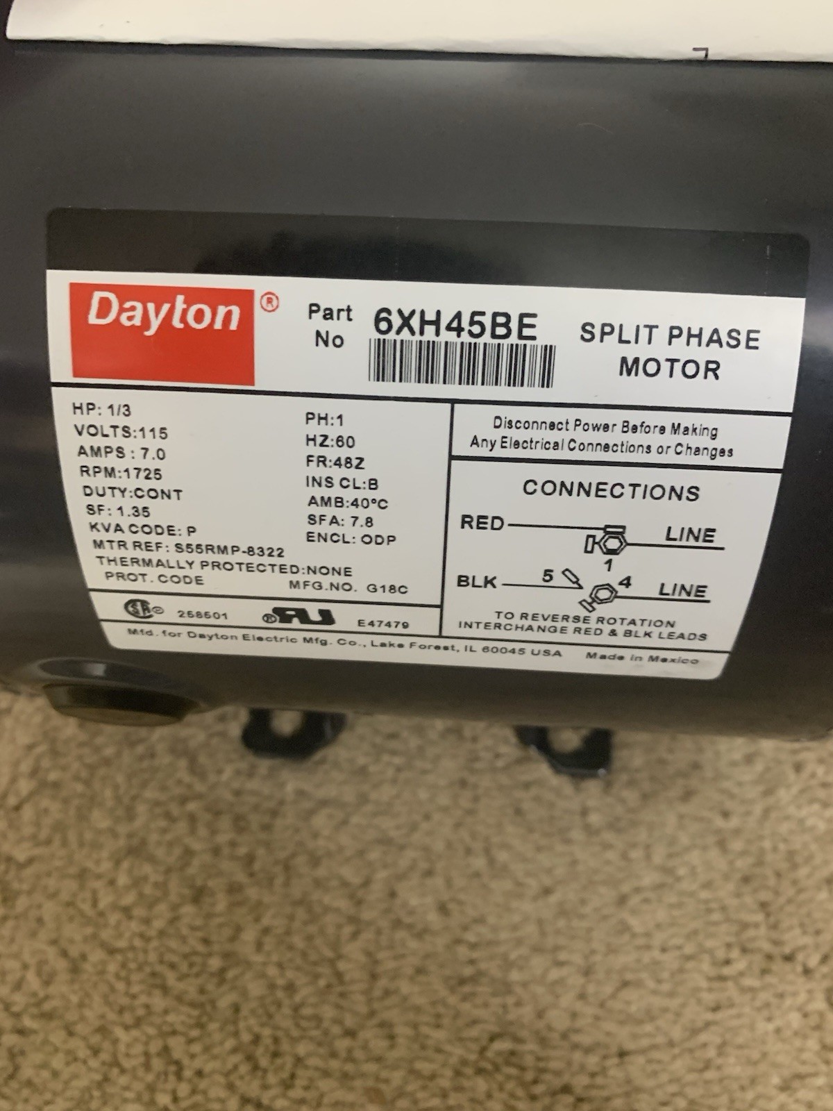 Dayton Split Phase Motor 1/3HP RPM:1725 Volts115V FR-48Z 6XH45BE