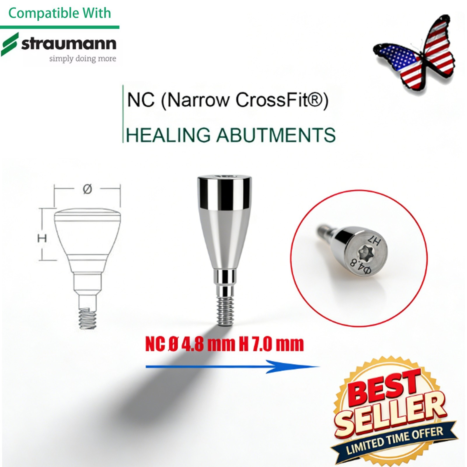 NC Titanium Healing Abutment & Closure Cap Fit Straumann ITI BLT Narrow CrossFit