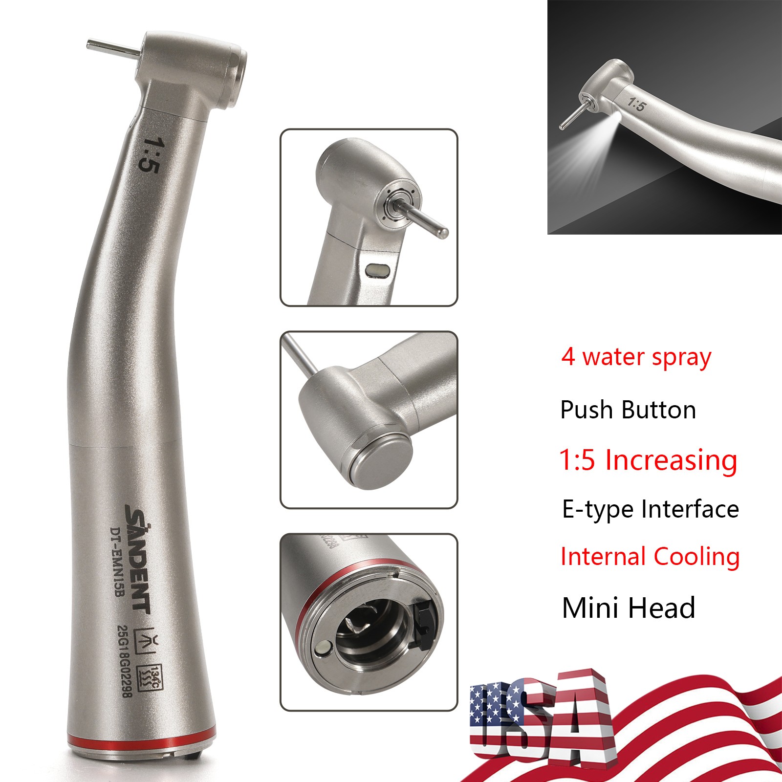 DT Dental 1:5 Mini Head Fiber Optic Contra Angle Handpiece LED Stainless Steel