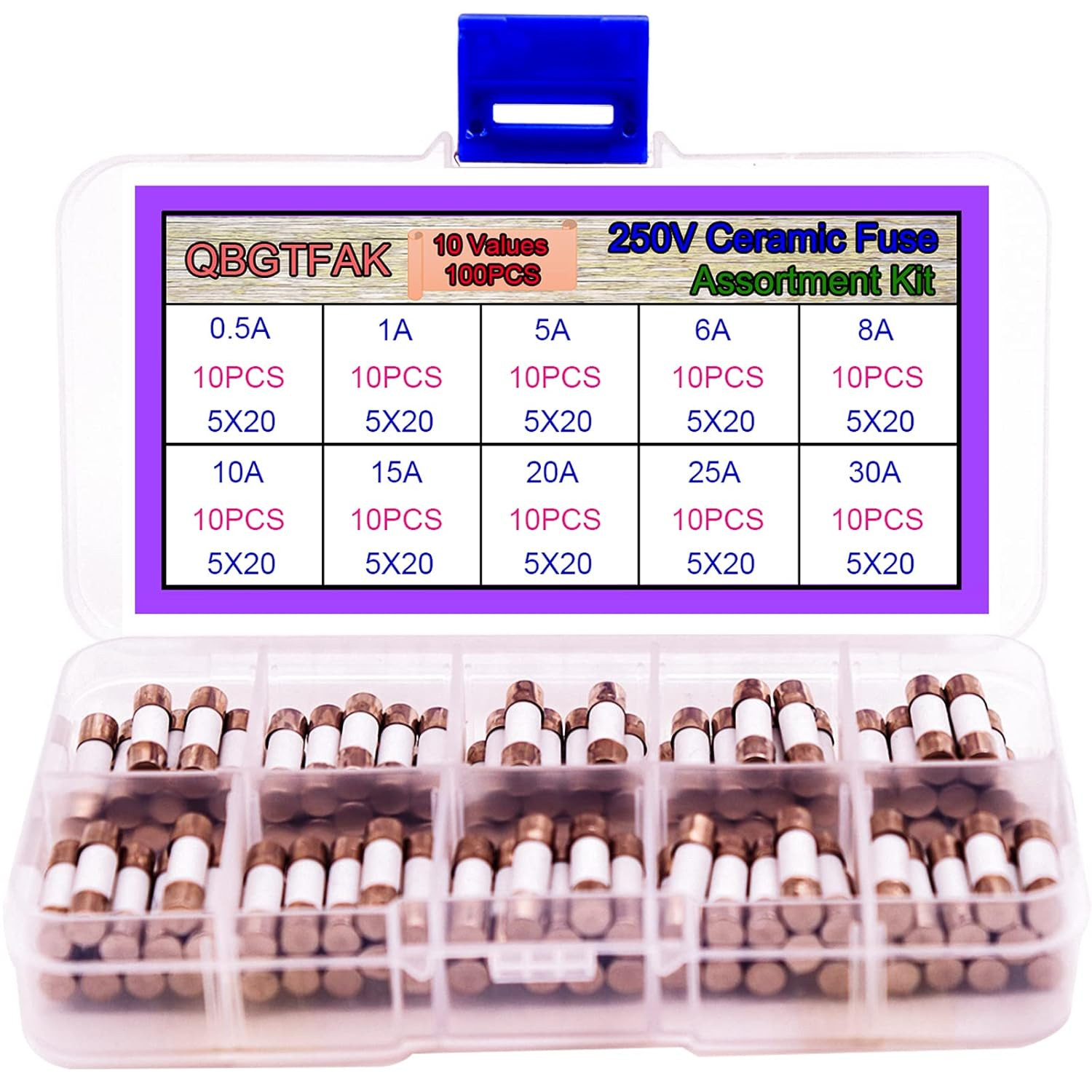 100Pcs Quick Blow Ceramic Tube Fuse Assorted Kit Amp 250V 0.5A, 1A, 5A, 6A, 8A,