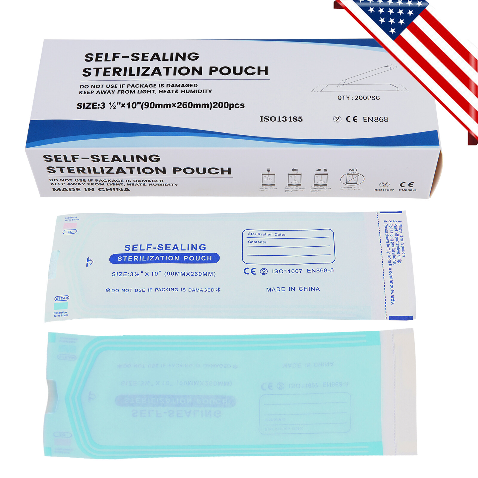 200 3.5″ x 10″ Self-ing Sterilization Pouches for Autoclave SA