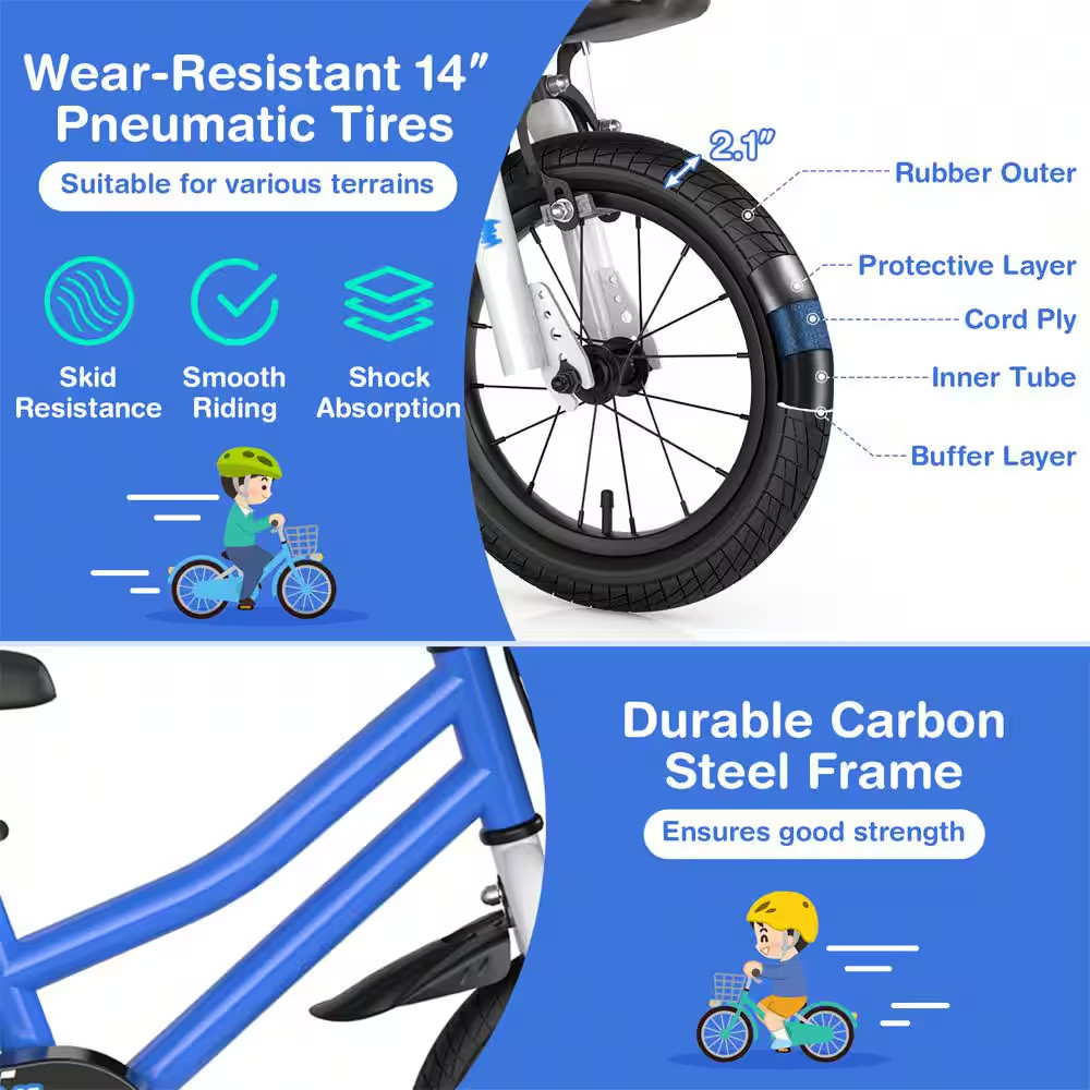 14 In. Kid’S Bike with Removable Training Wheels and Basket for 3-Years to 5-Yea