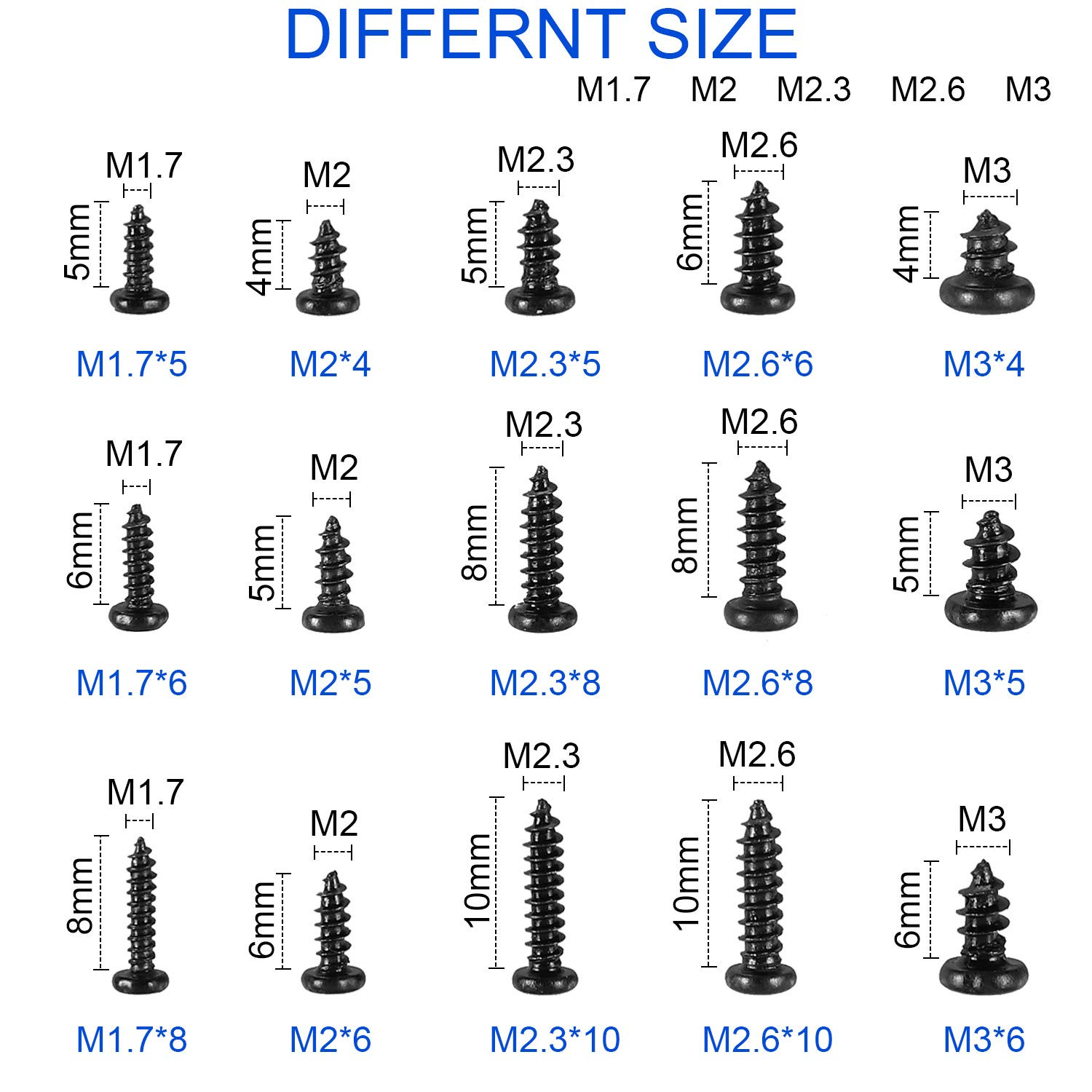 750 Pcs Small/Micro/Tiny/Mini Self-Tapping Screws, M1.7-M3 Phillips Pan Head, Cr