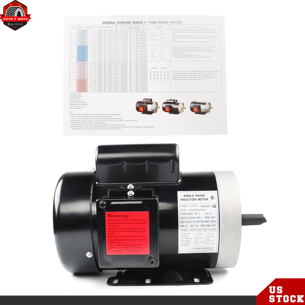 2 HP General Purpose Electric Motor ?C 3450 RPM, 115/230V, TEFC Enclosure