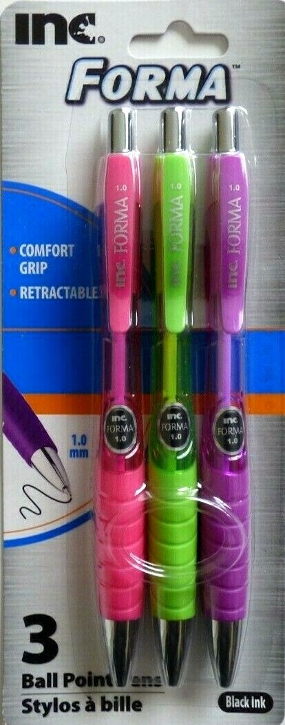 Inc. Forma Retractable Ball Point Pen 1.0 mm 3 Pack Green Pink Purple(Black Ink)