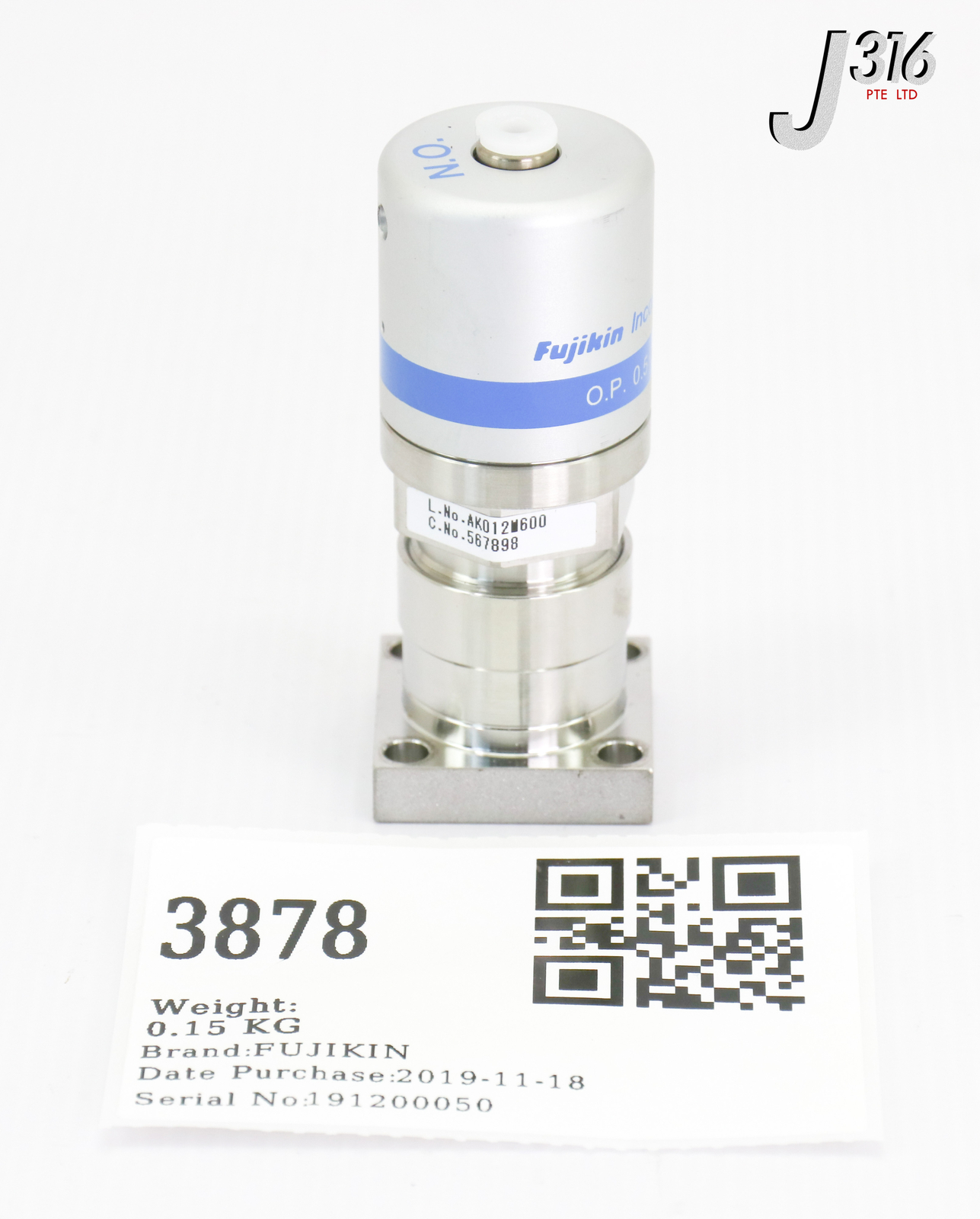 3878 FUJIKIN DIAPHRAGM VALVE, TYPE N.O., O.P. 0.5~0.6MPA 567898