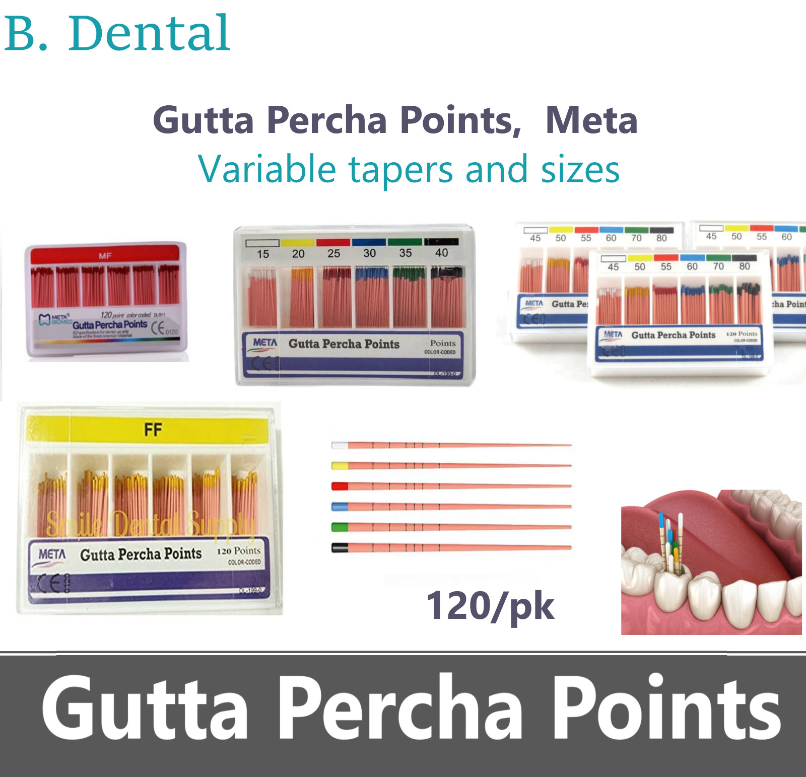 GUTTA PERCHA POINTS Taper 0.4 or 0.6, or Standart Taper, All Sizes Dental Meta