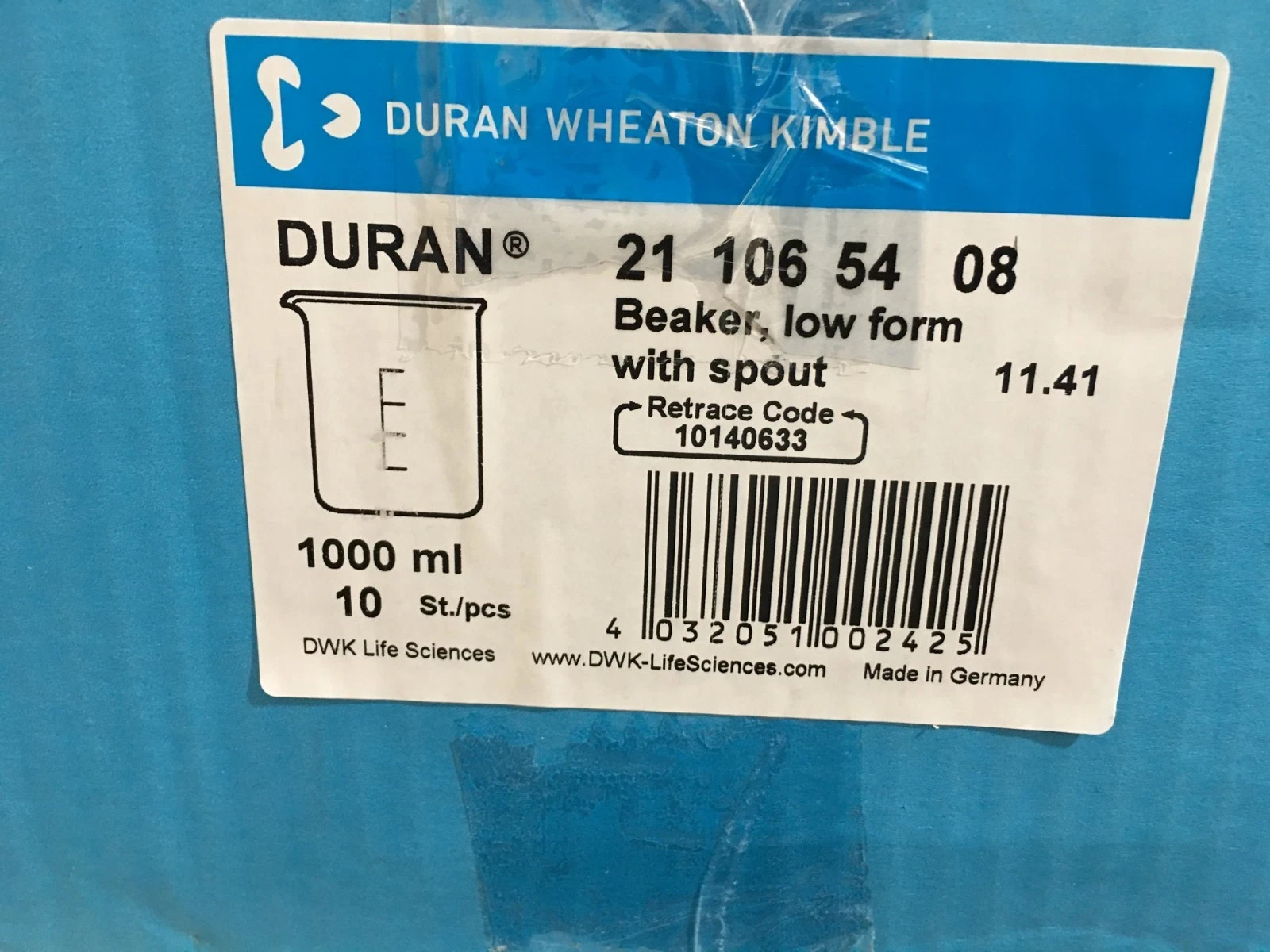 Duran Wheaton Kimble Cat No 211065408 Beaker Low Form With Spout 1000mL Case