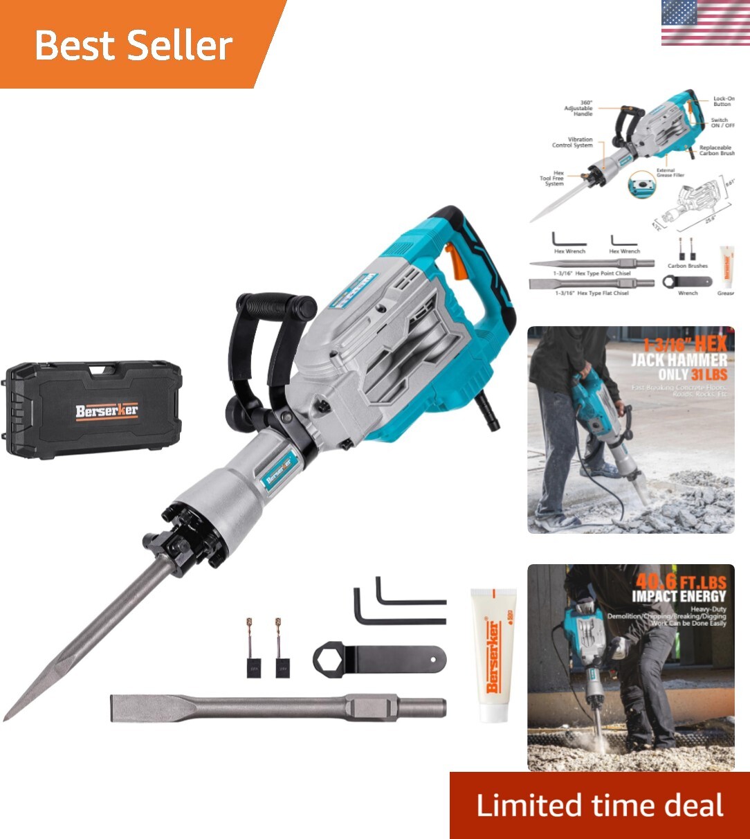 Powerful 30lb Electric Demolition Hammer – 14Amp, 1900 BPM Concrete Breaker