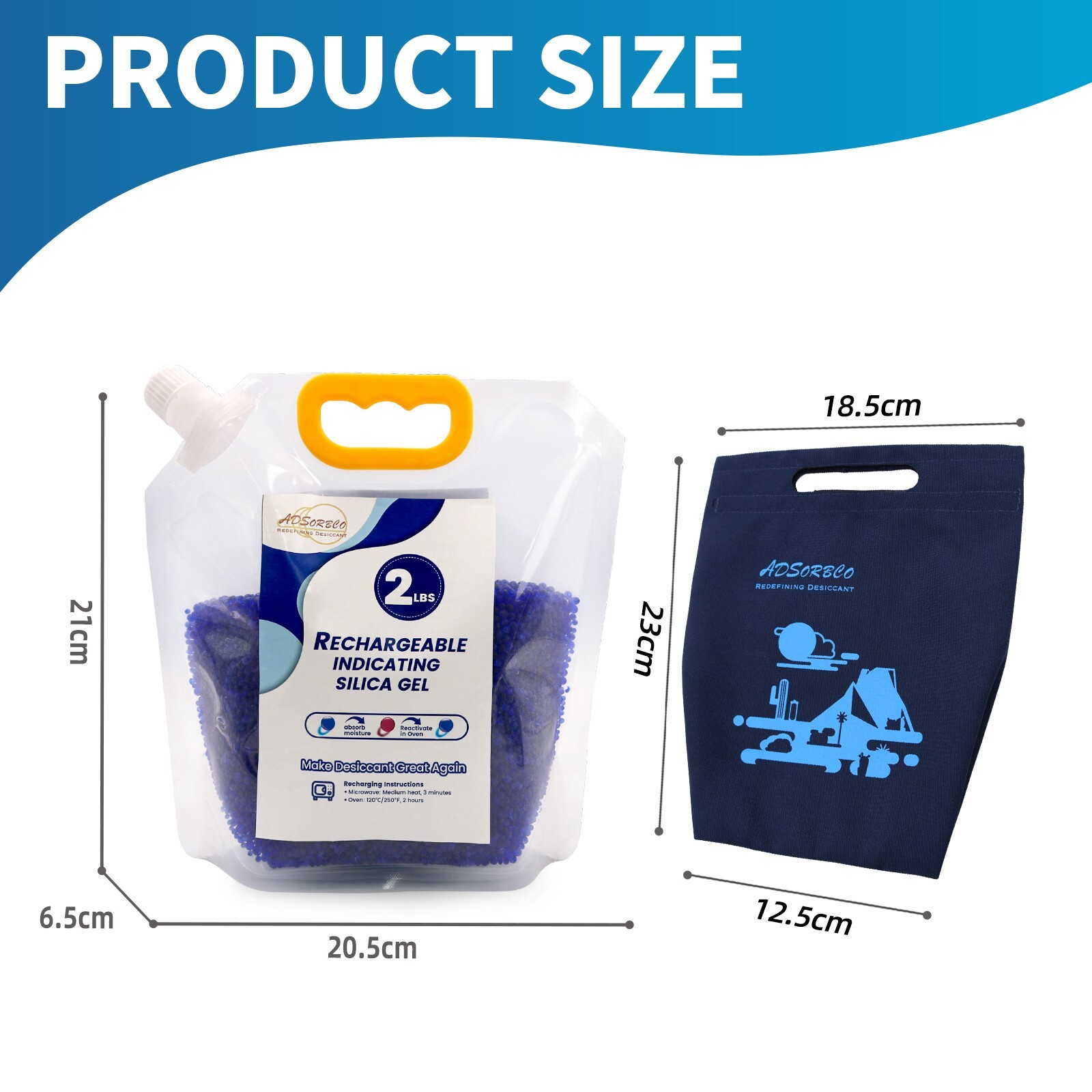 Adsorbco 2 lb Blue Silica Gel Packets with a Hook and Loop Canvas Bags