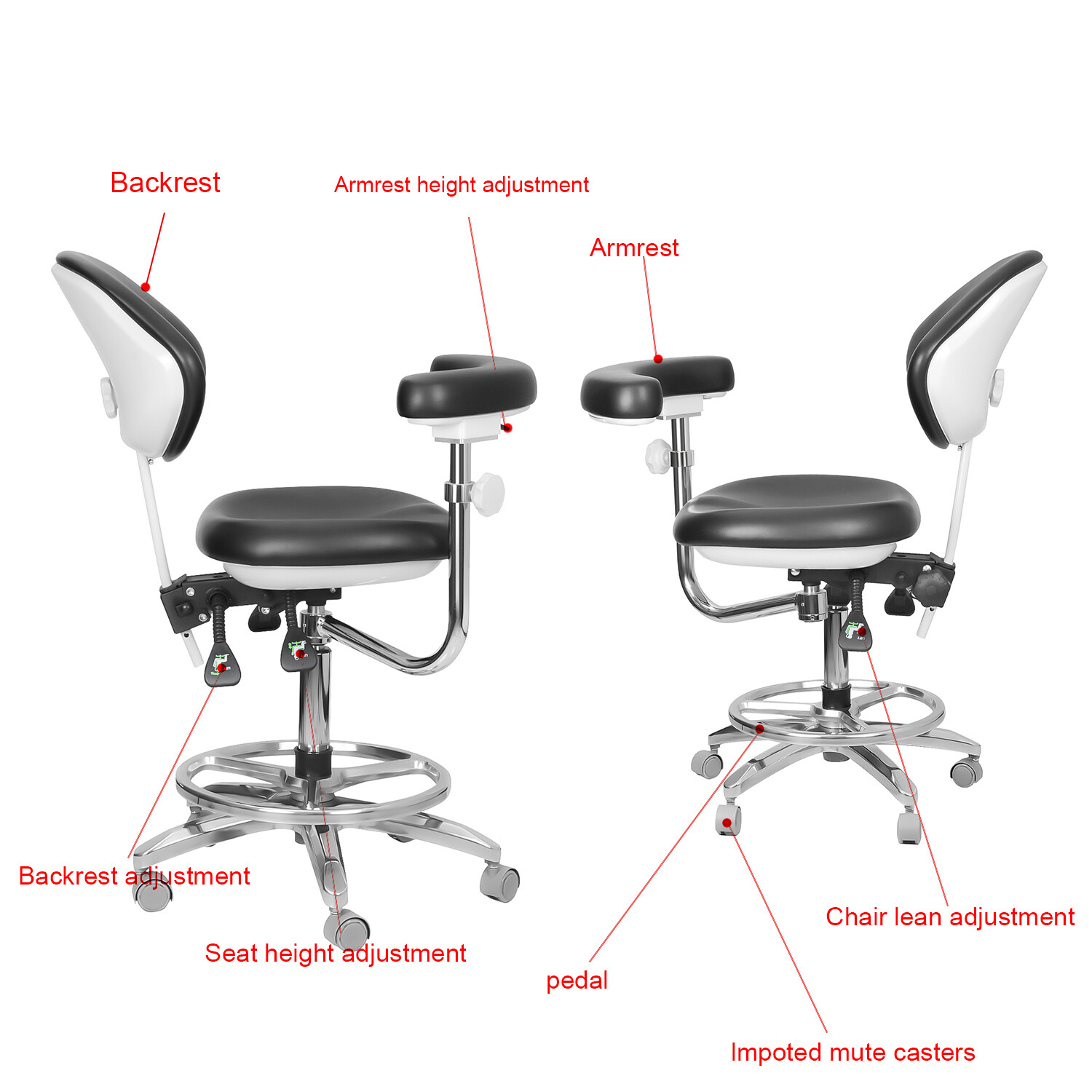 Adjustable Dental Chair Doctor Assistant Chair 360° Armrest Footrest PU Black US