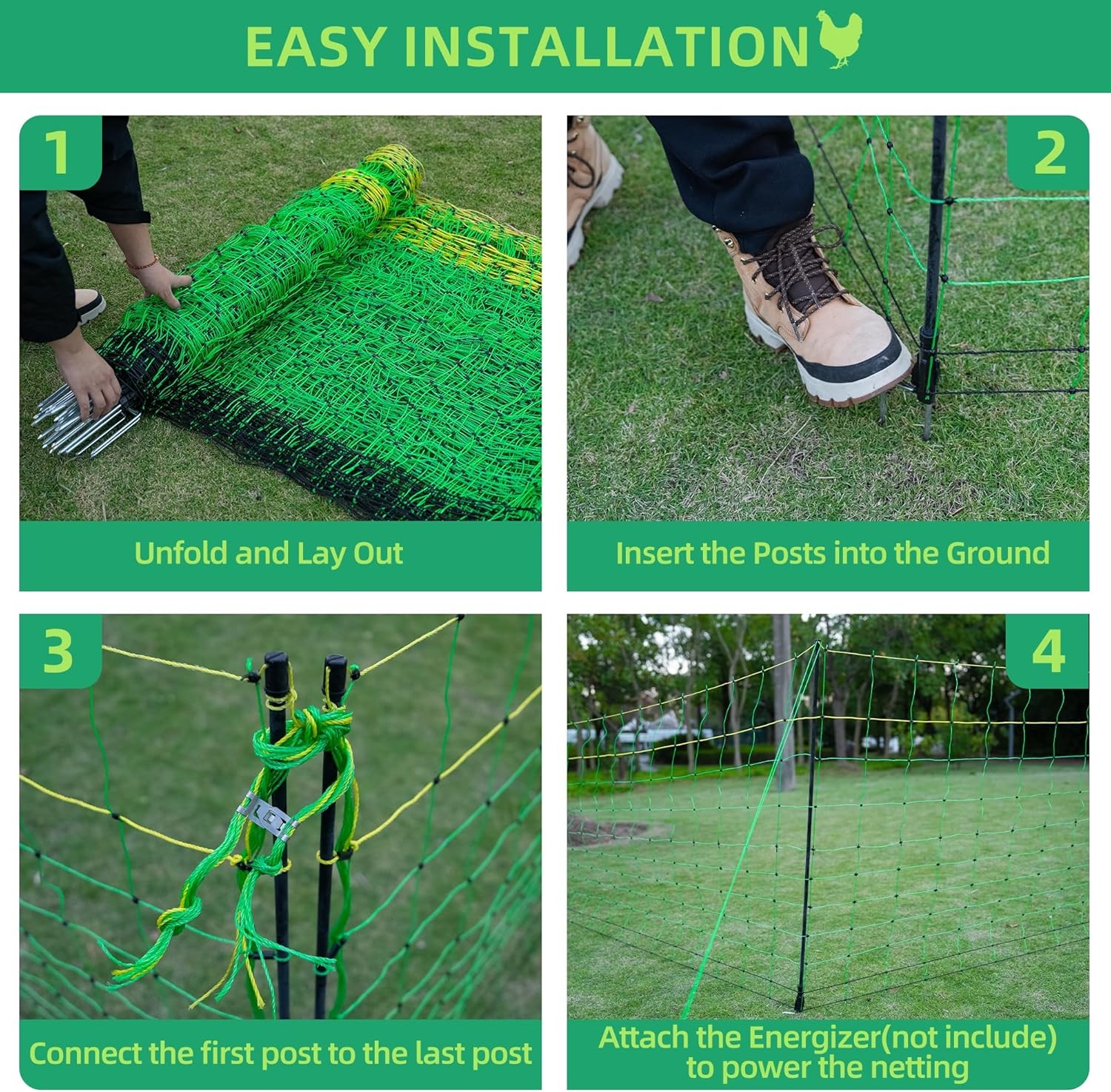 Updated Poultry Netting Electric Fence for Chickens, Ducks, Geese,41.5″H x 164’L