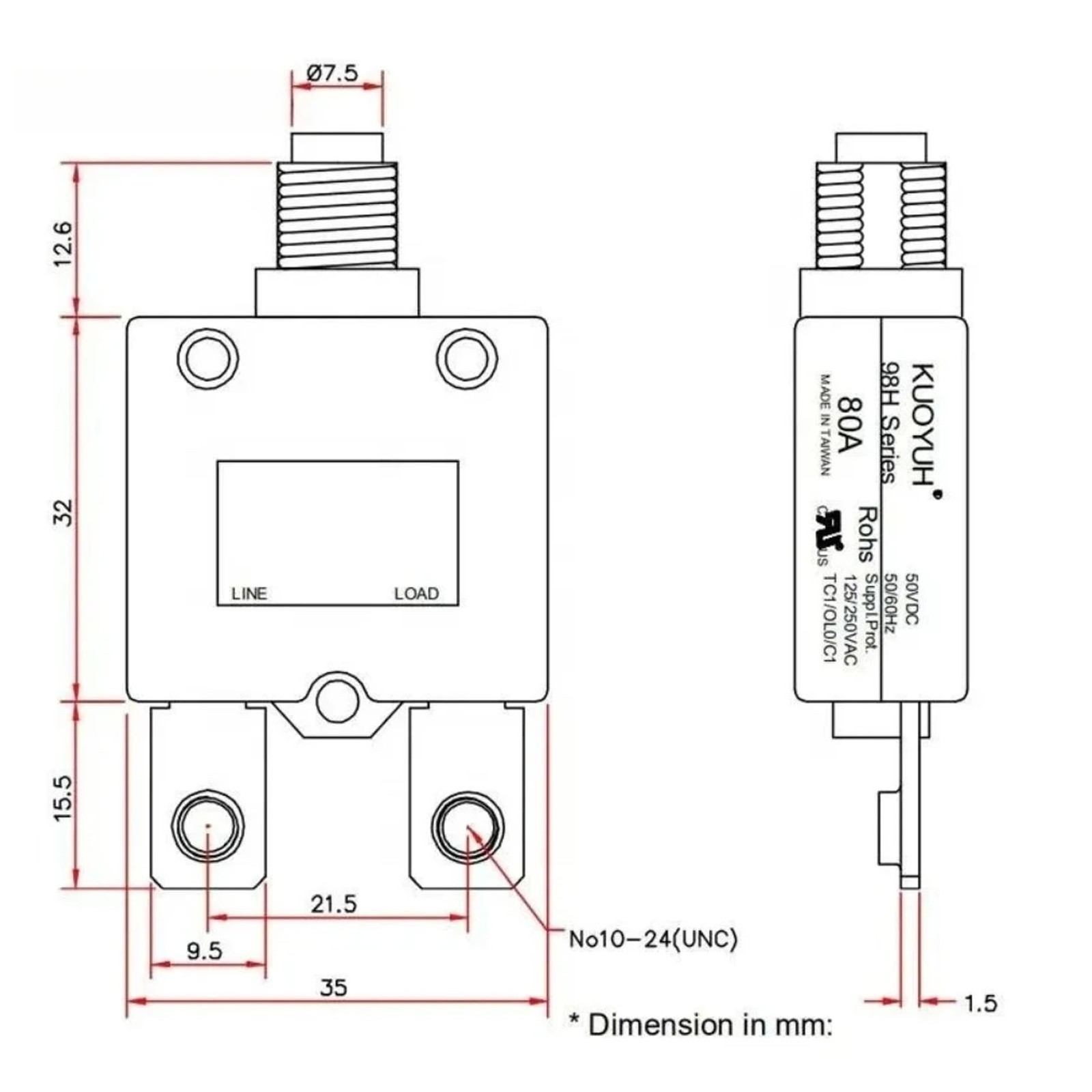 Universal 5 Amp Push Button Thermal Circuit Breaker 12-50V DC 125-250V Volt