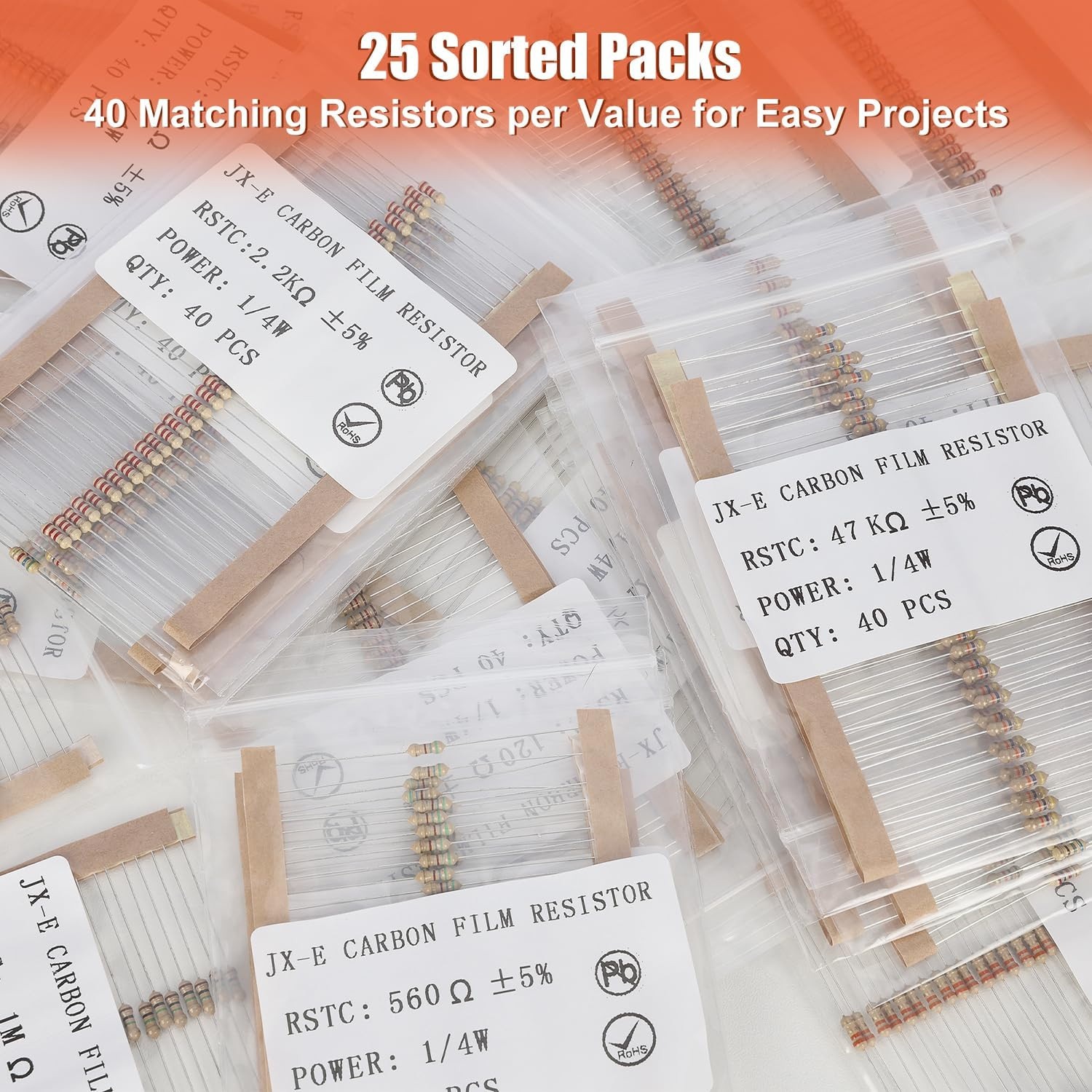 Resistors Assortment Kit, 1000 Pcs 25 Values 1 Ohm to 1M Ohm 1/4W Carbon Film Re